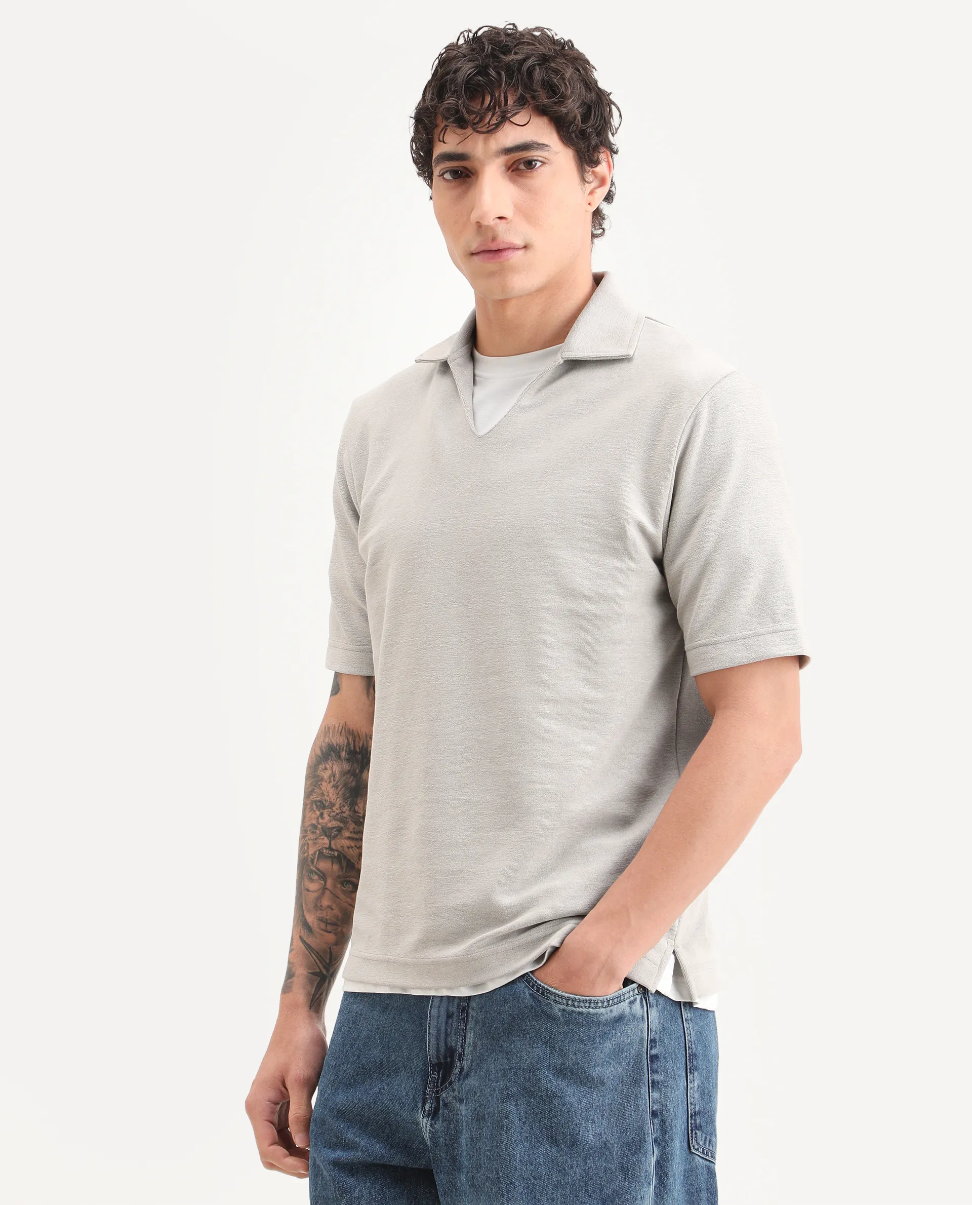 Rare Rabbit Men's Jawal-S26 Light Beige Cotton Blend Fabric Half Sleeve Jonny Collar Regular Fit Plain Polo - Image 6