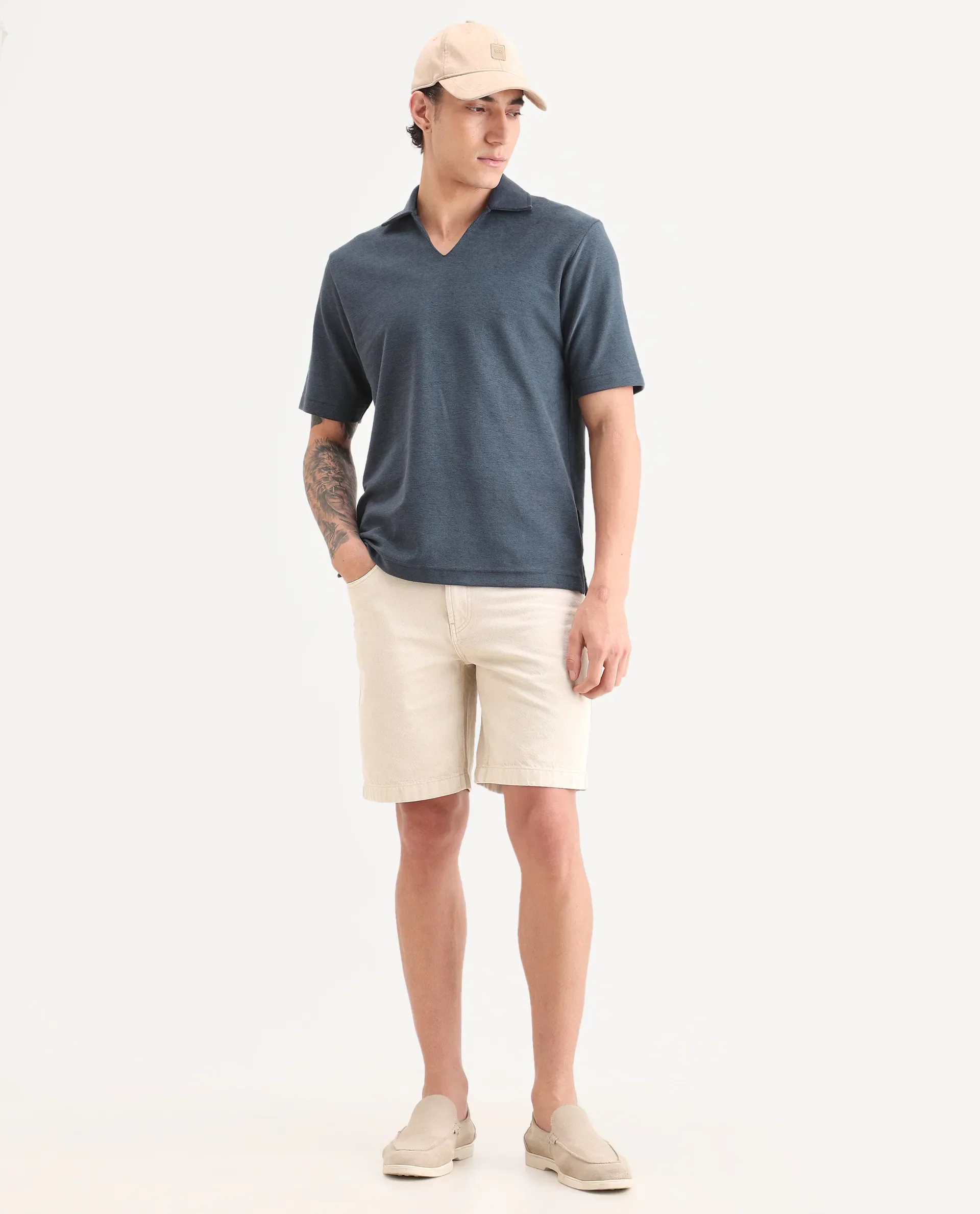Rare Rabbit Men's Jawal-S26 Navy Cotton Blend Fabric Half Sleeve Jonny Collar Regular Fit Plain Polo - Image 2