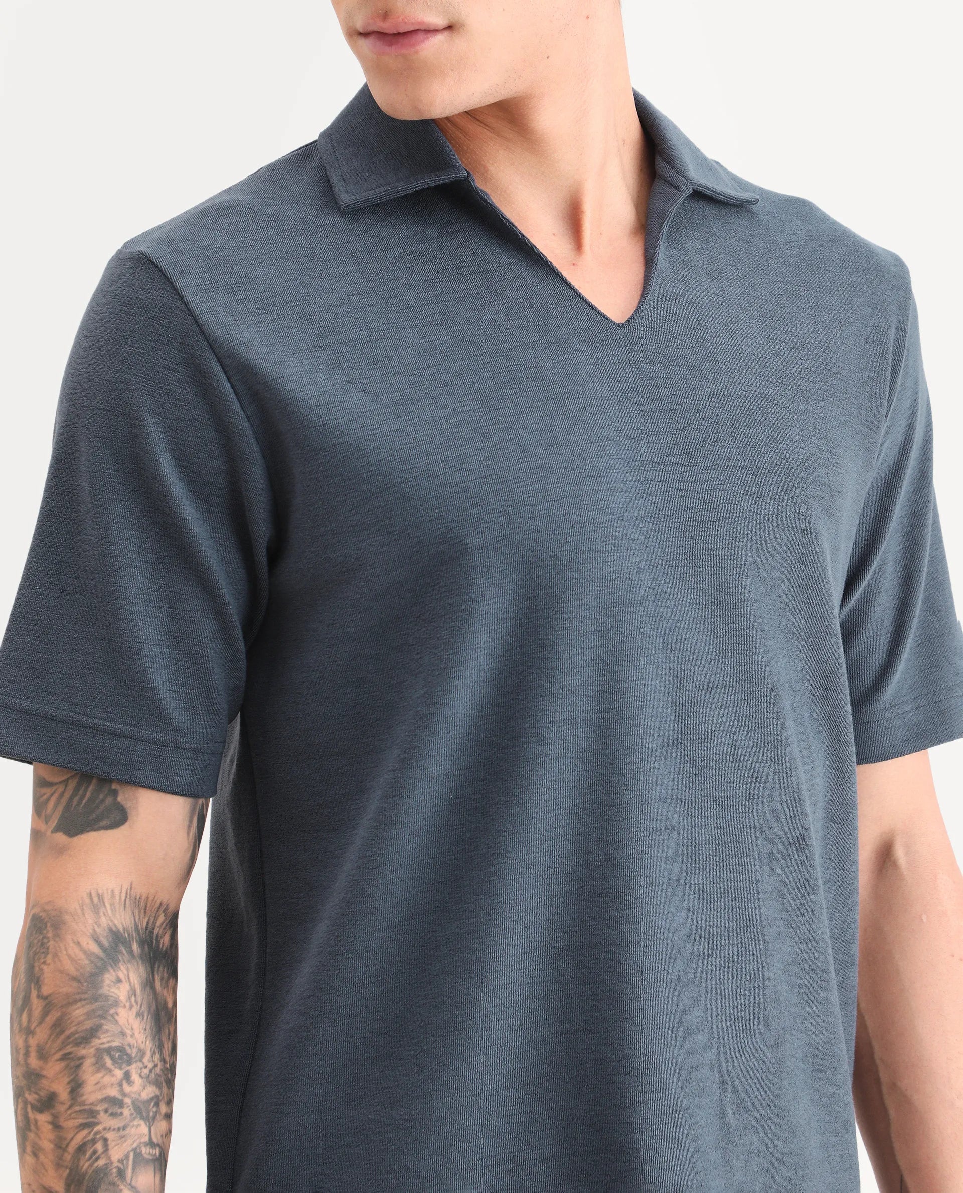 Rare Rabbit Men's Jawal-S26 Navy Cotton Blend Fabric Half Sleeve Jonny Collar Regular Fit Plain Polo - Image 3