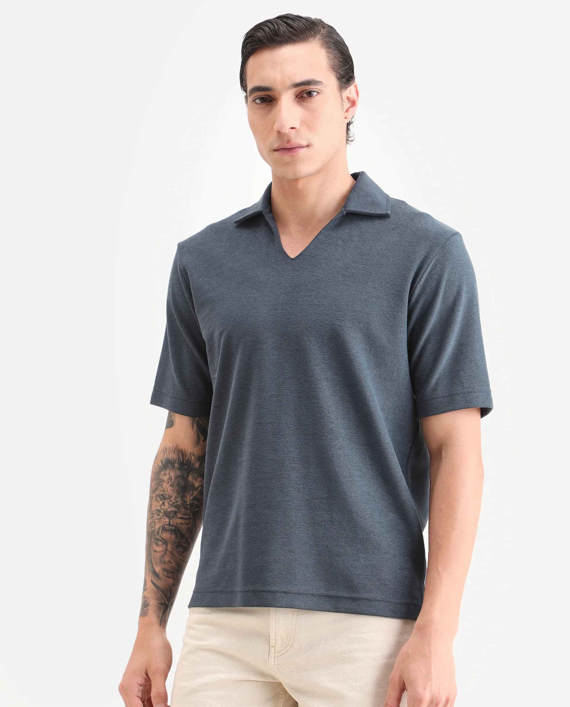 Rare Rabbit Men's Jawal-S26 Navy Cotton Blend Fabric Half Sleeve Jonny Collar Regular Fit Plain Polo - Image 4