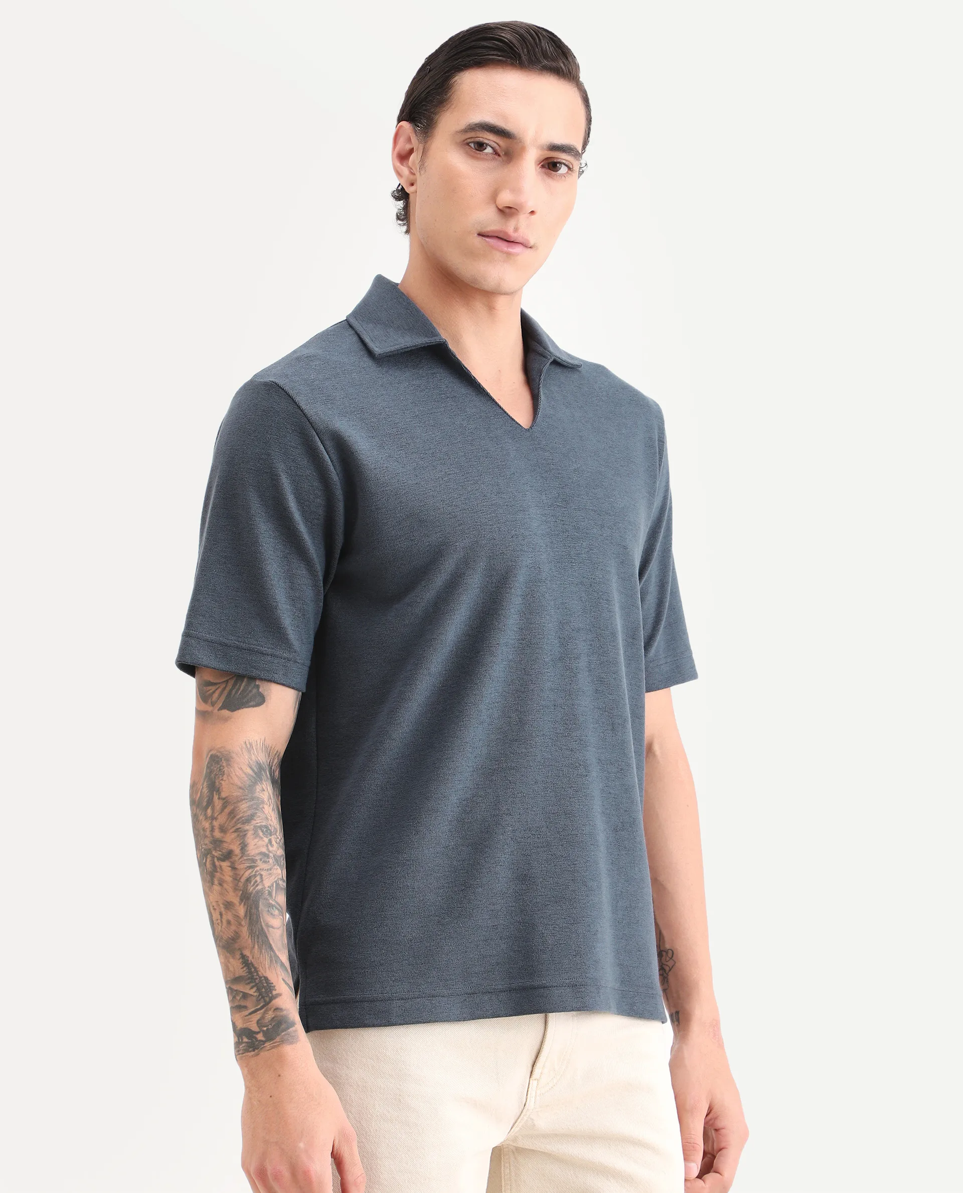 Rare Rabbit Men's Jawal-S26 Navy Cotton Blend Fabric Half Sleeve Jonny Collar Regular Fit Plain Polo - Image 5