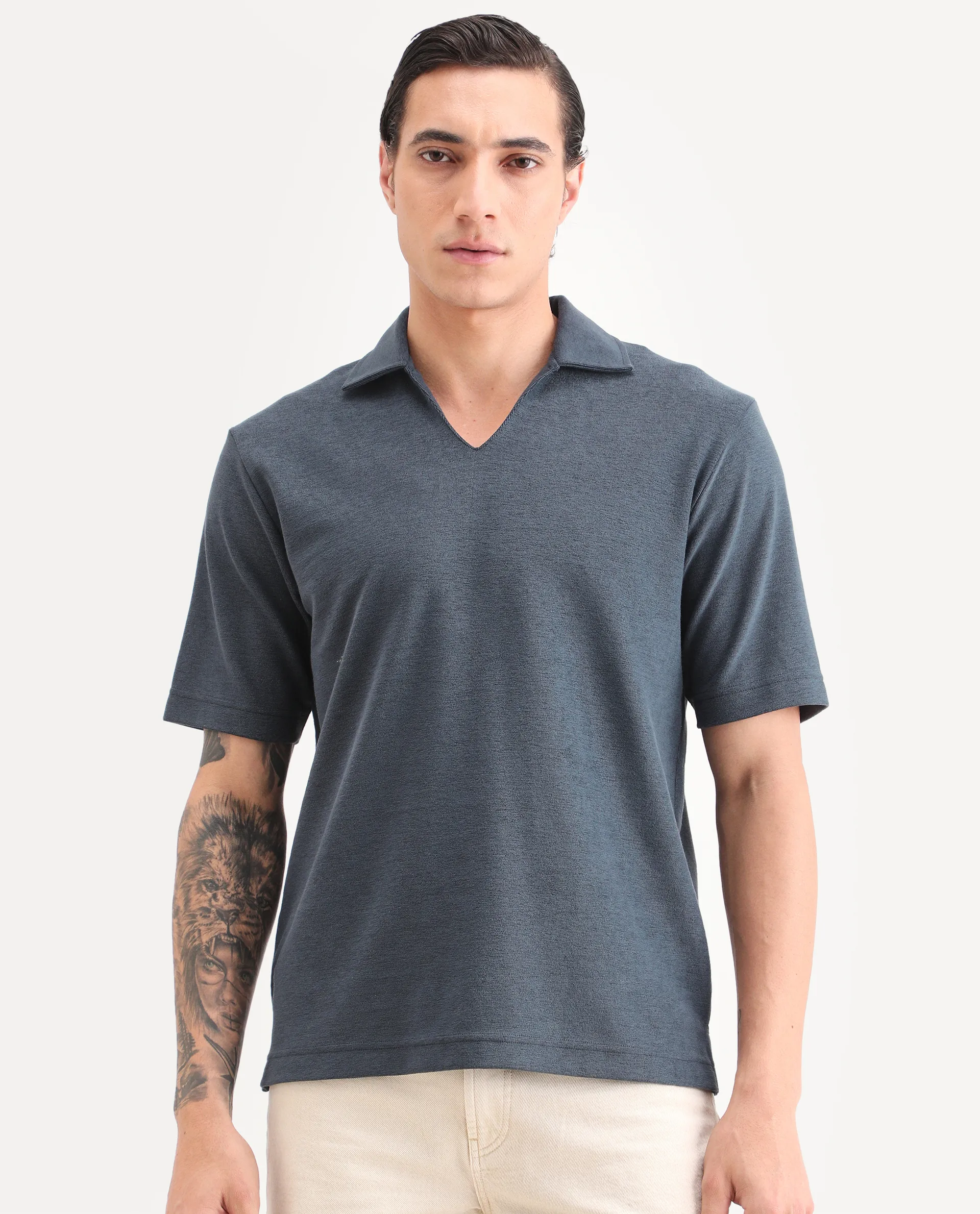 Rare Rabbit Men's Jawal-S26 Navy Cotton Blend Fabric Half Sleeve Jonny Collar Regular Fit Plain Polo - Image 6