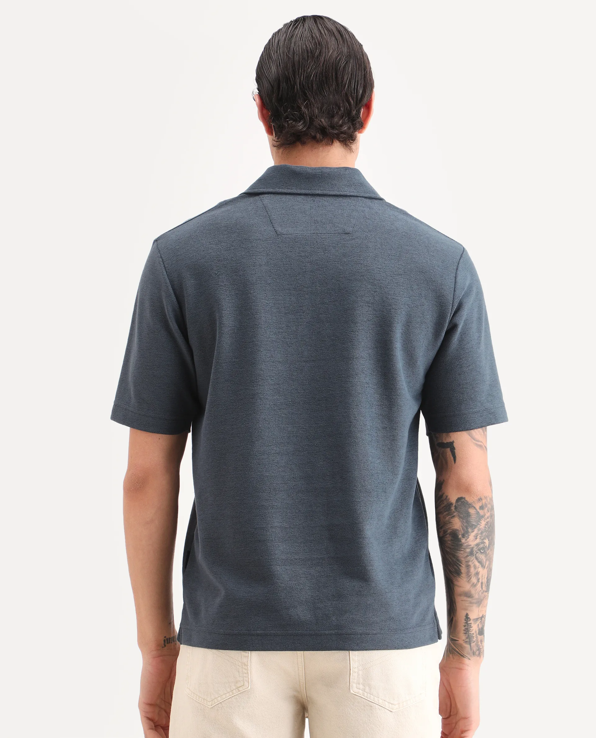 Rare Rabbit Men's Jawal-S26 Navy Cotton Blend Fabric Half Sleeve Jonny Collar Regular Fit Plain Polo - Image 7
