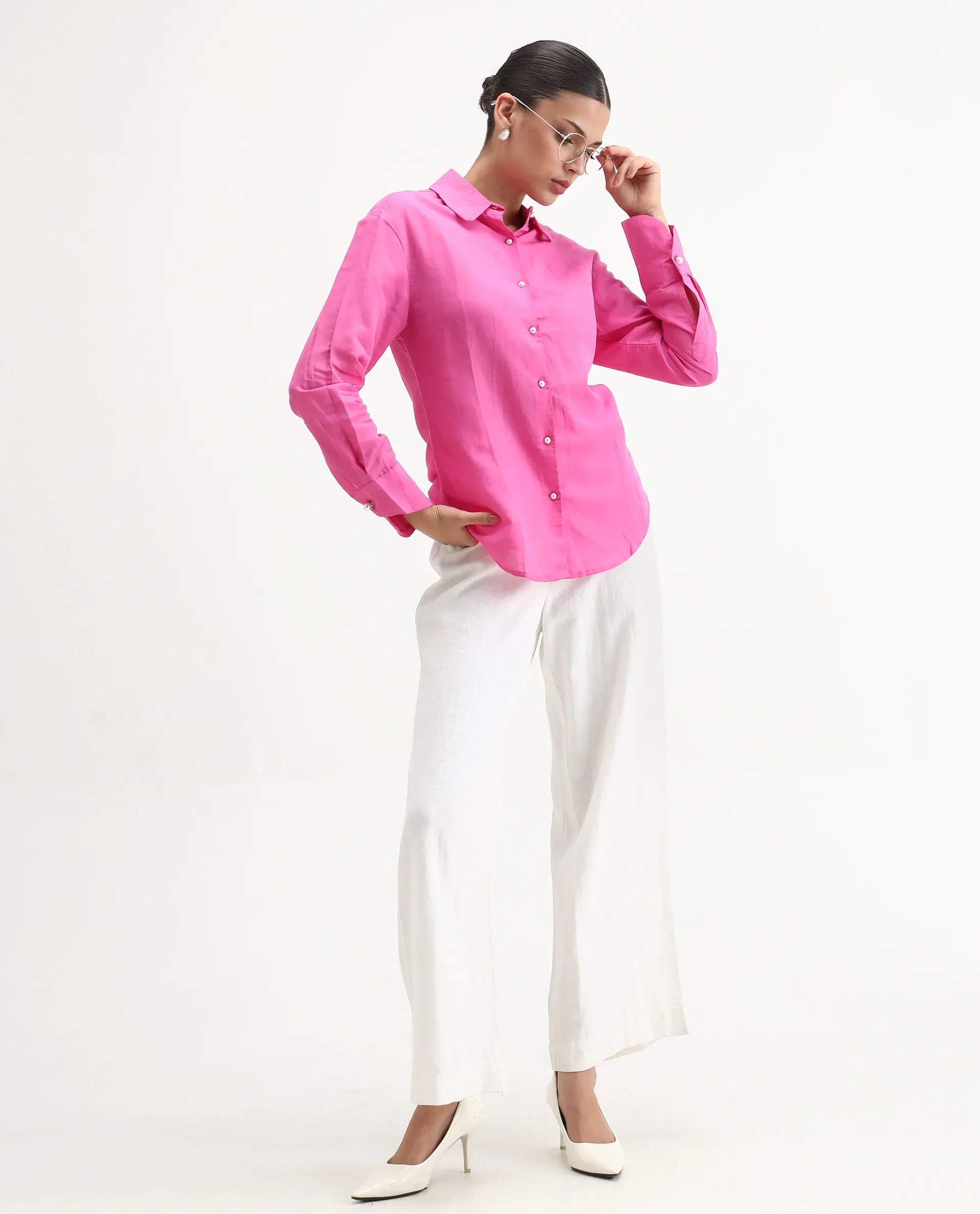 Rareism Women's Jayleen Pink Linen Spread Collar Plain Slim Fit Top - Image 2