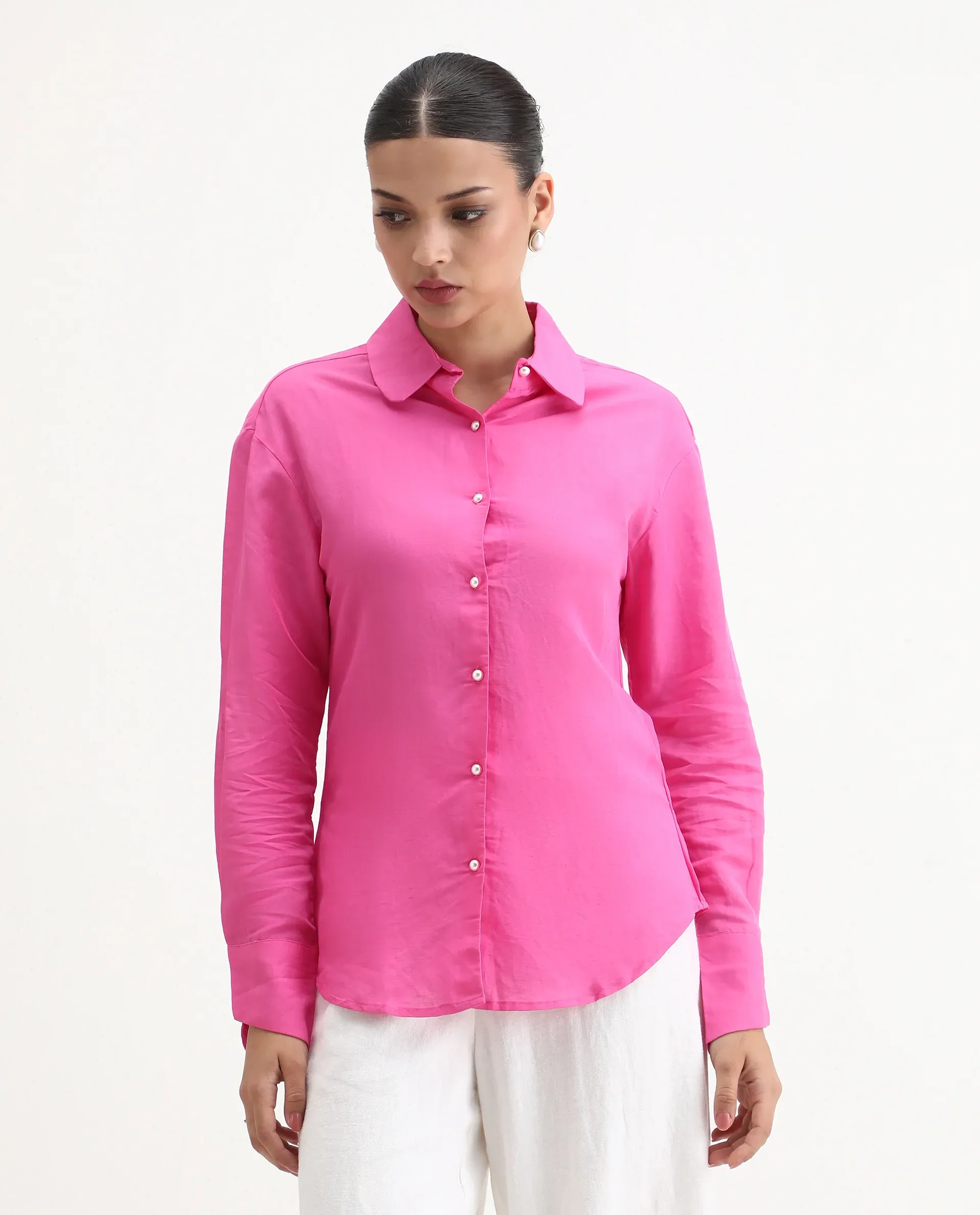 Rareism Women's Jayleen Pink Linen Spread Collar Plain Slim Fit Top - Image 4