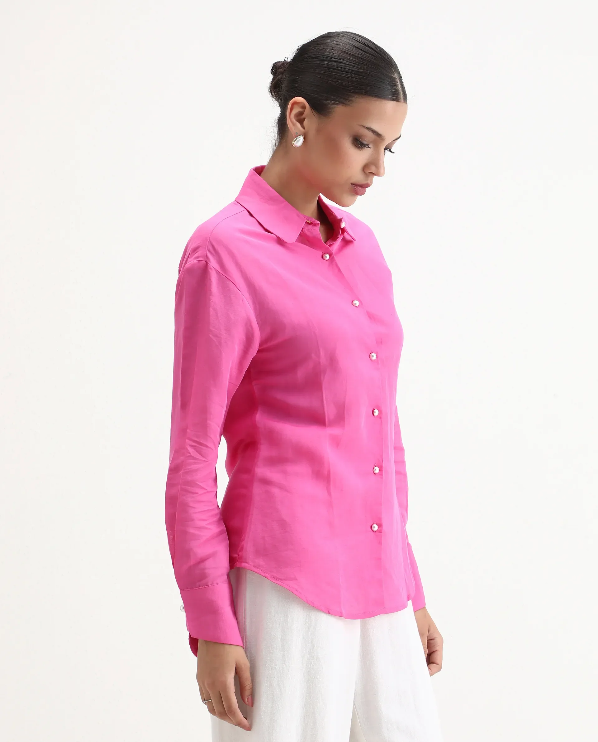 Rareism Women's Jayleen Pink Linen Spread Collar Plain Slim Fit Top - Image 5