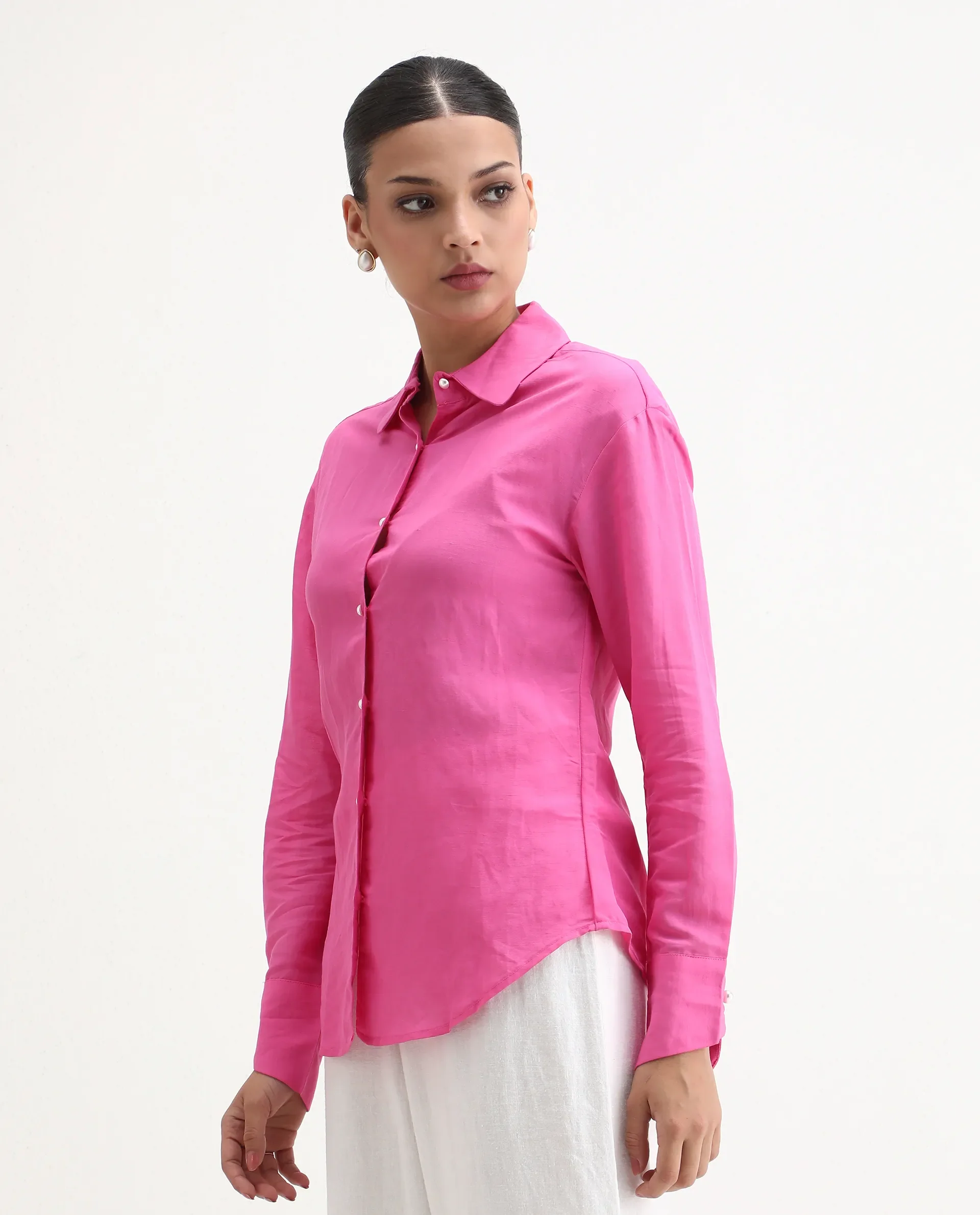 Rareism Women's Jayleen Pink Linen Spread Collar Plain Slim Fit Top - Image 6