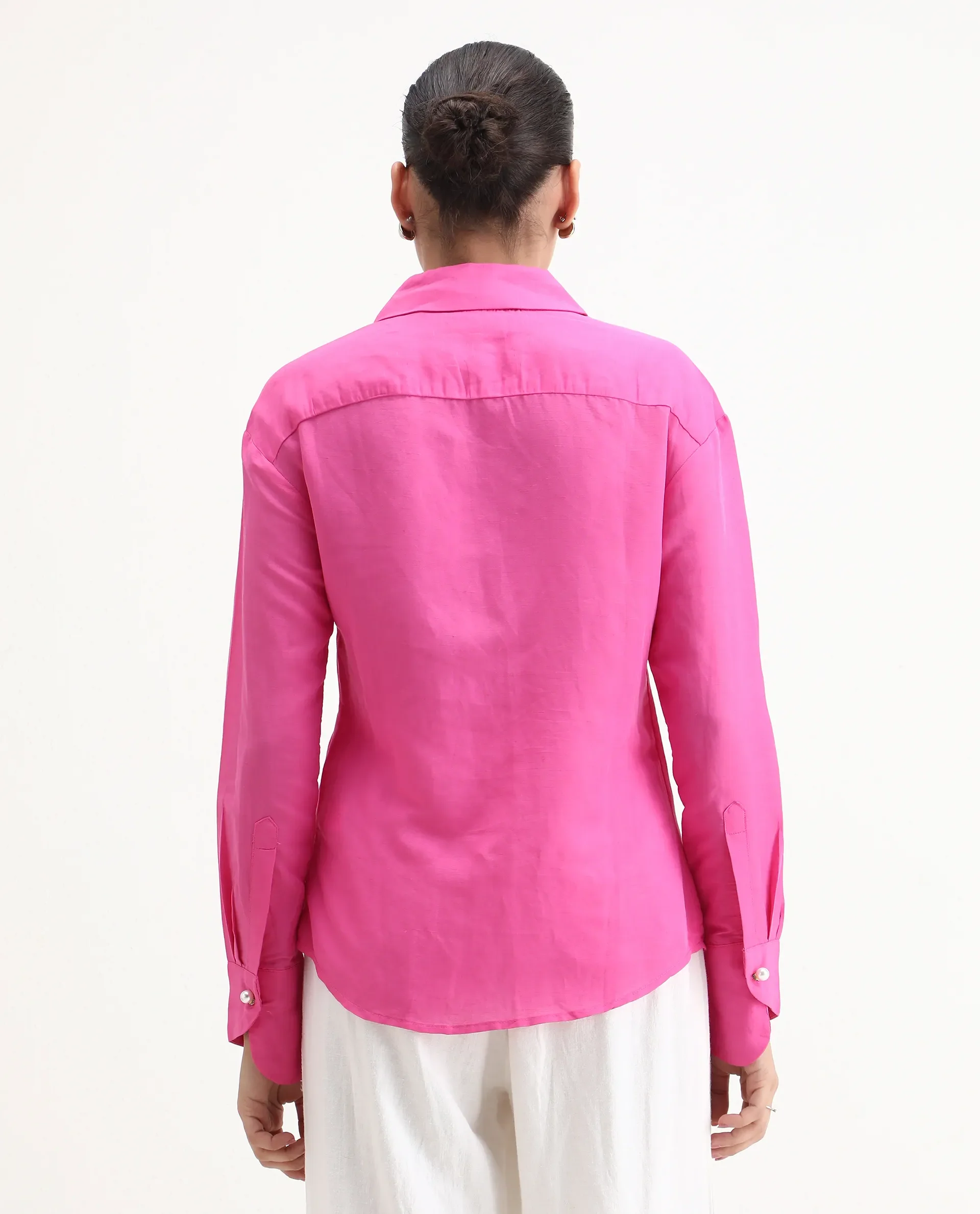 Rareism Women's Jayleen Pink Linen Spread Collar Plain Slim Fit Top - Image 7