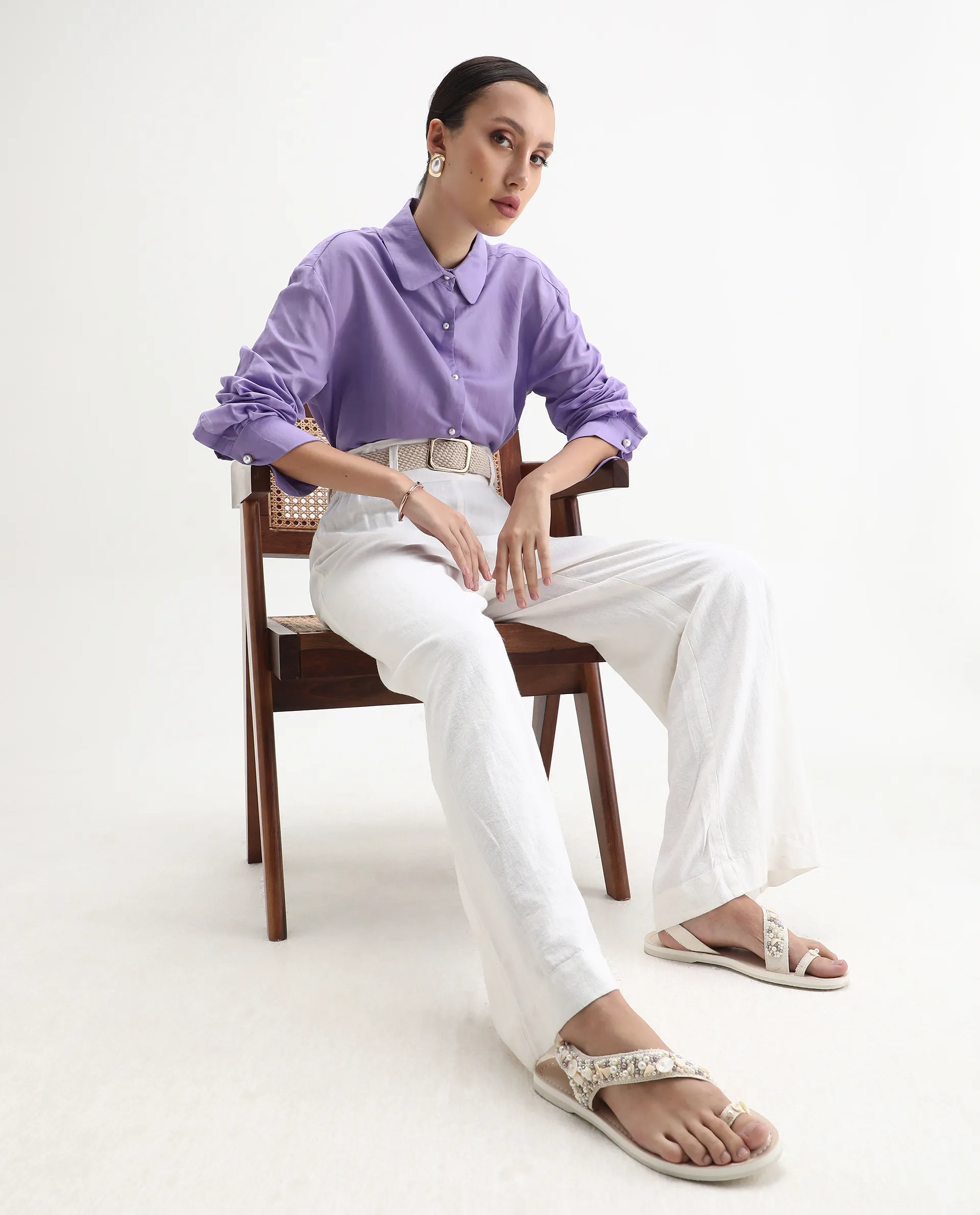 Rareism Women's Jayleen Purple Linen Spread Collar Plain Slim Fit Top - Image 2