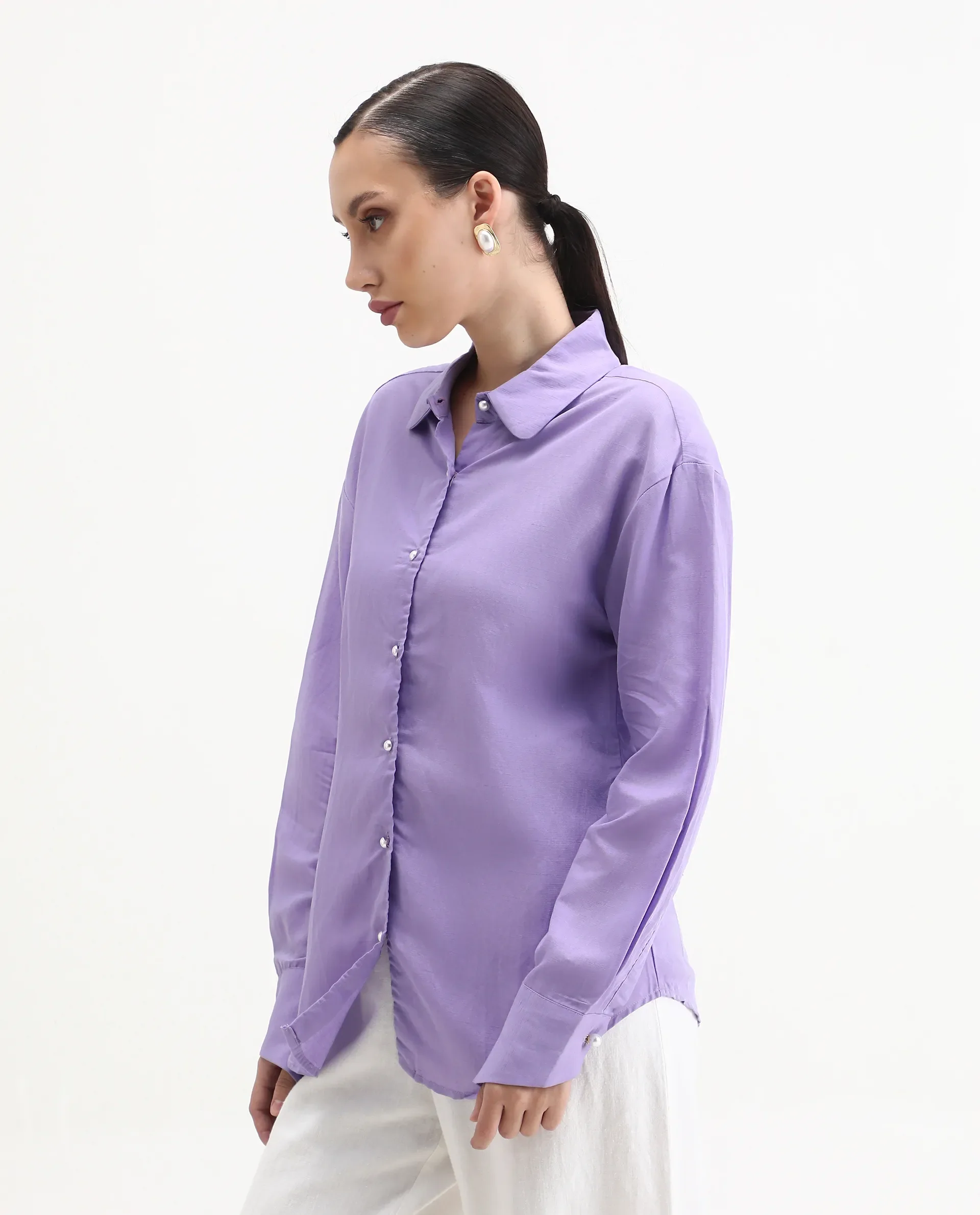 Rareism Women's Jayleen Purple Linen Spread Collar Plain Slim Fit Top - Image 4