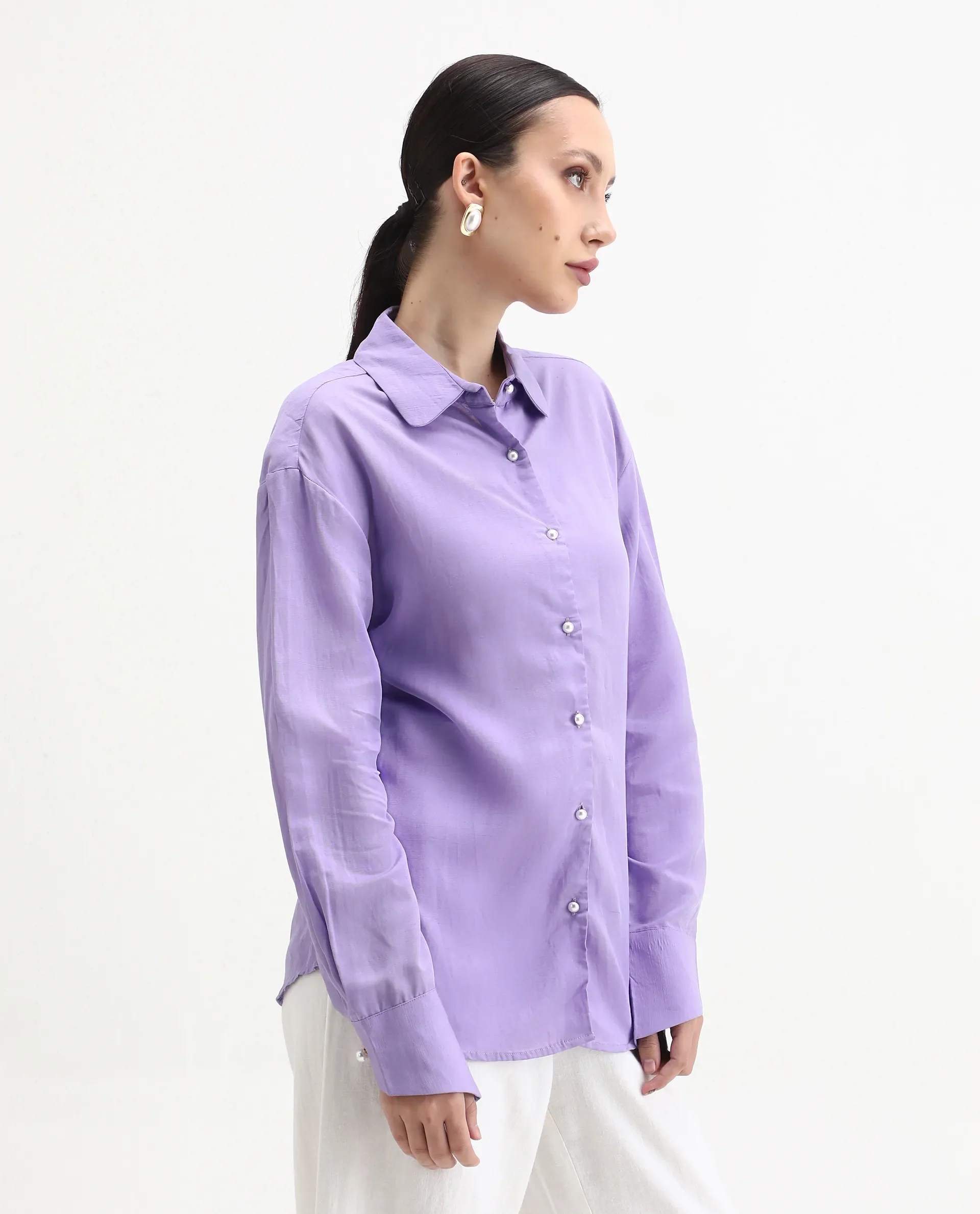 Rareism Women's Jayleen Purple Linen Spread Collar Plain Slim Fit Top - Image 5