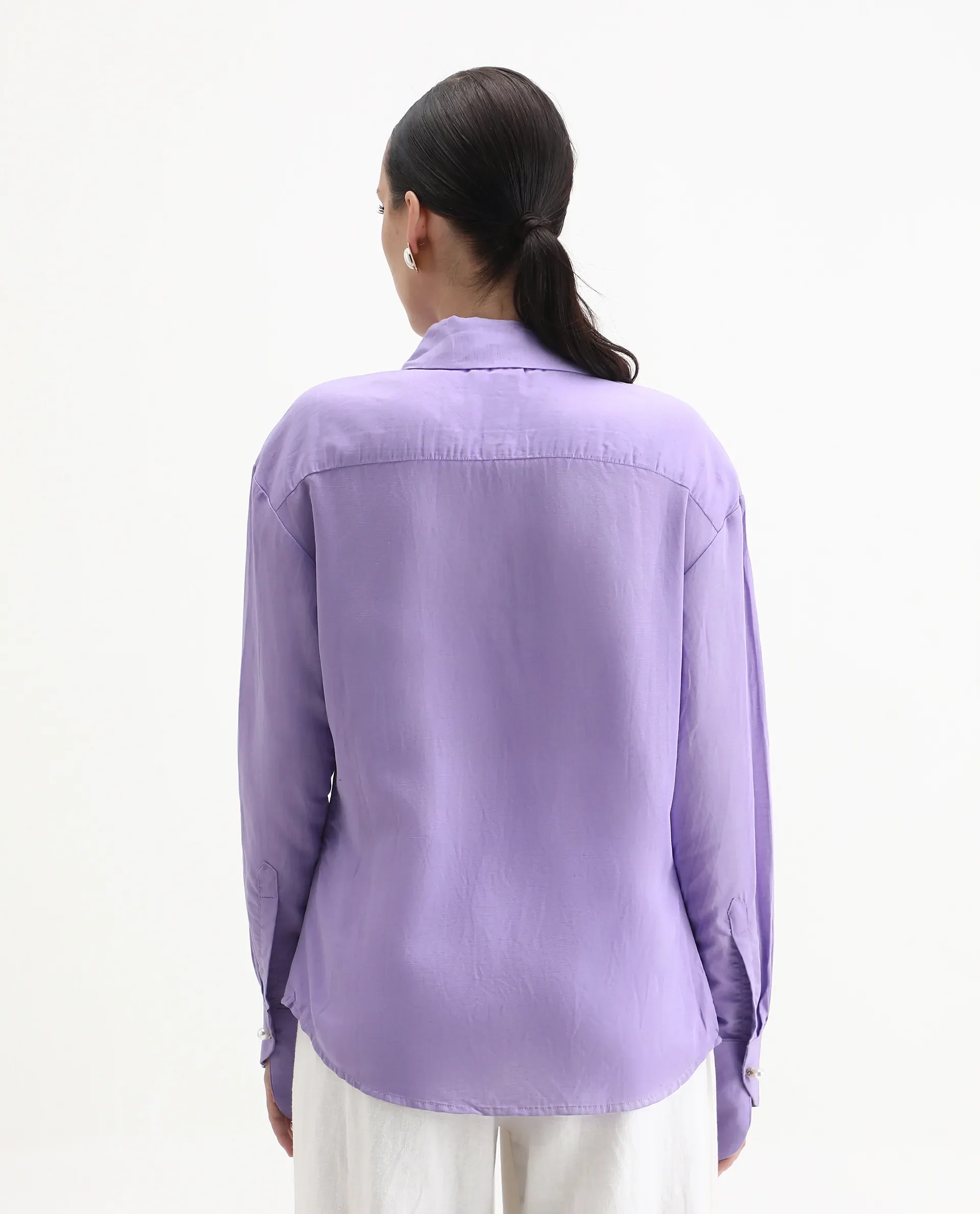 Rareism Women's Jayleen Purple Linen Spread Collar Plain Slim Fit Top - Image 6