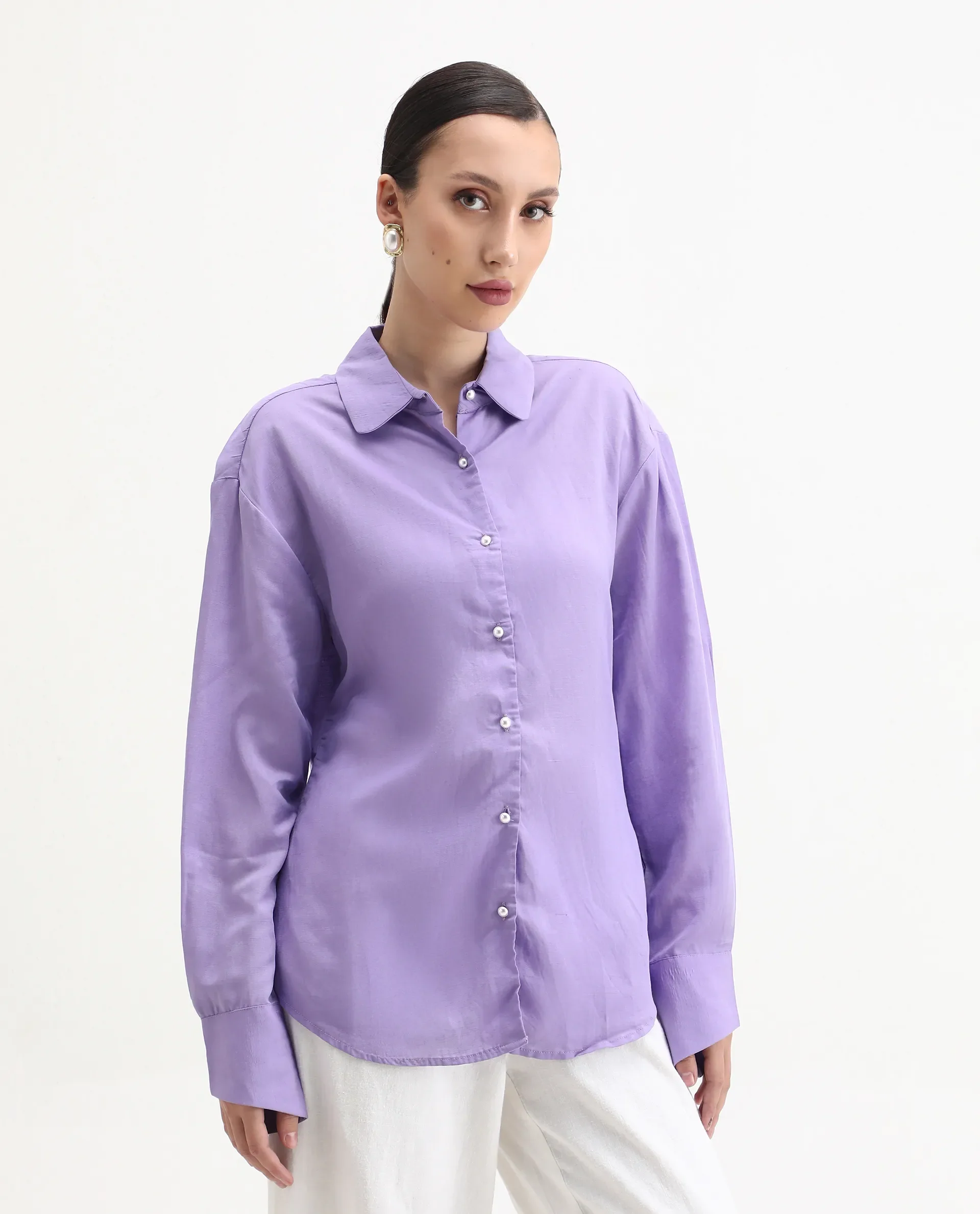 Rareism Women's Jayleen Purple Linen Spread Collar Plain Slim Fit Top - Image 7