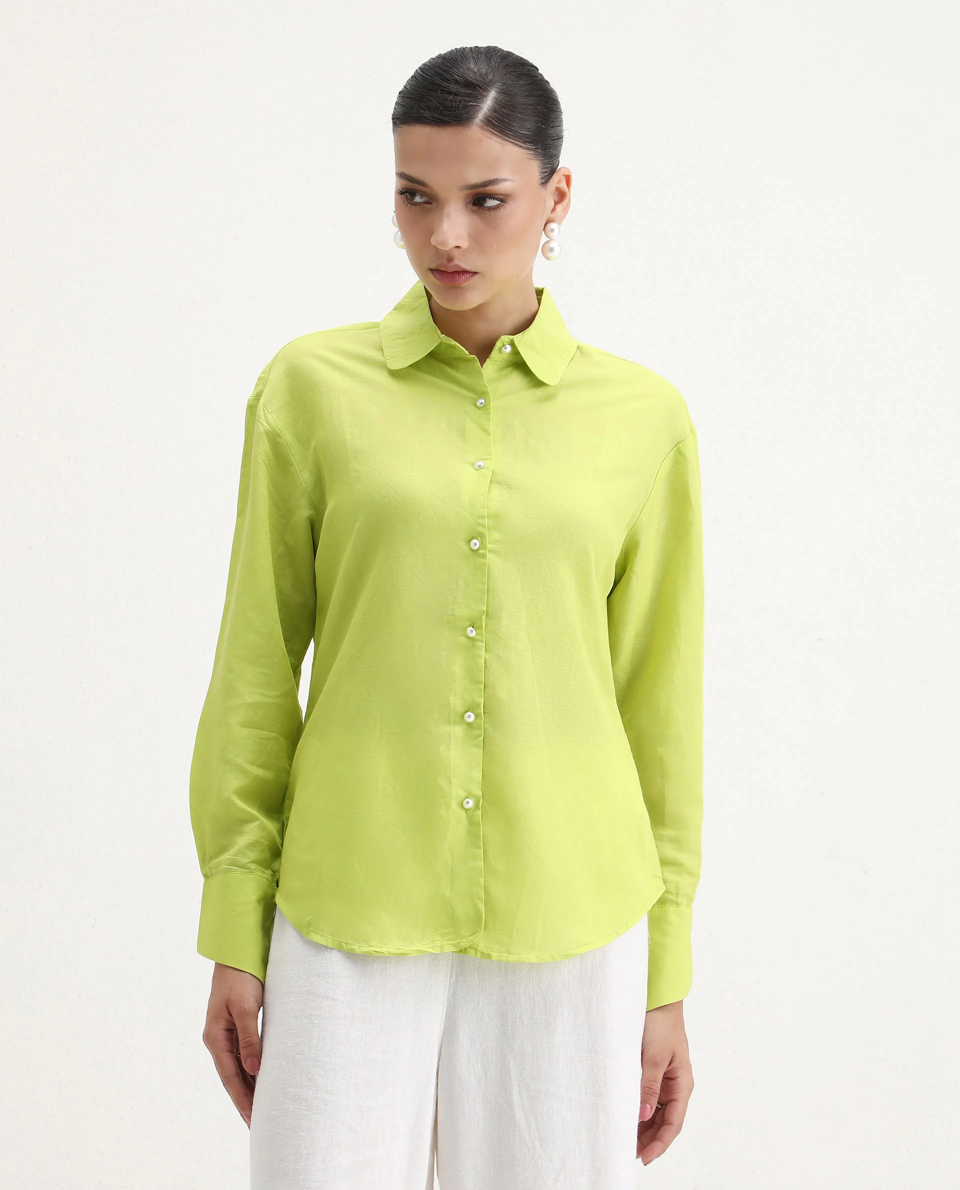 Rareism Women's Jayleen Yellow Linen Spread Collar Plain Slim Fit Top - Image 3