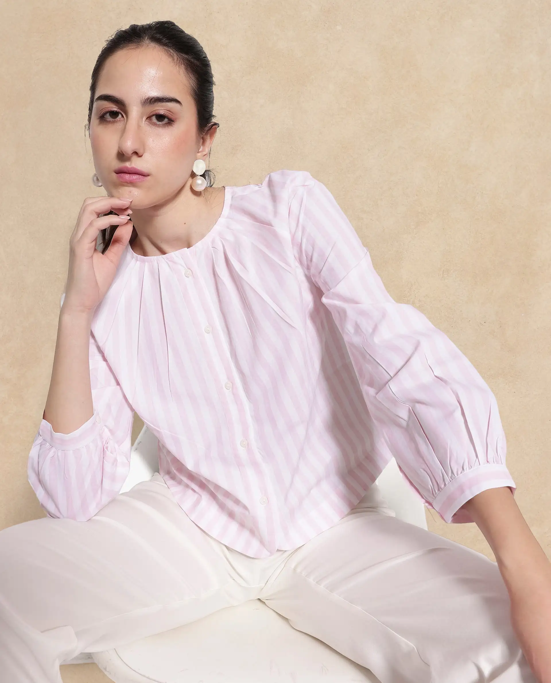 Rareism Women's Jayleon Pink Cotton Crew Neck Striped Cuffed Sleeve Regular Fit Top
