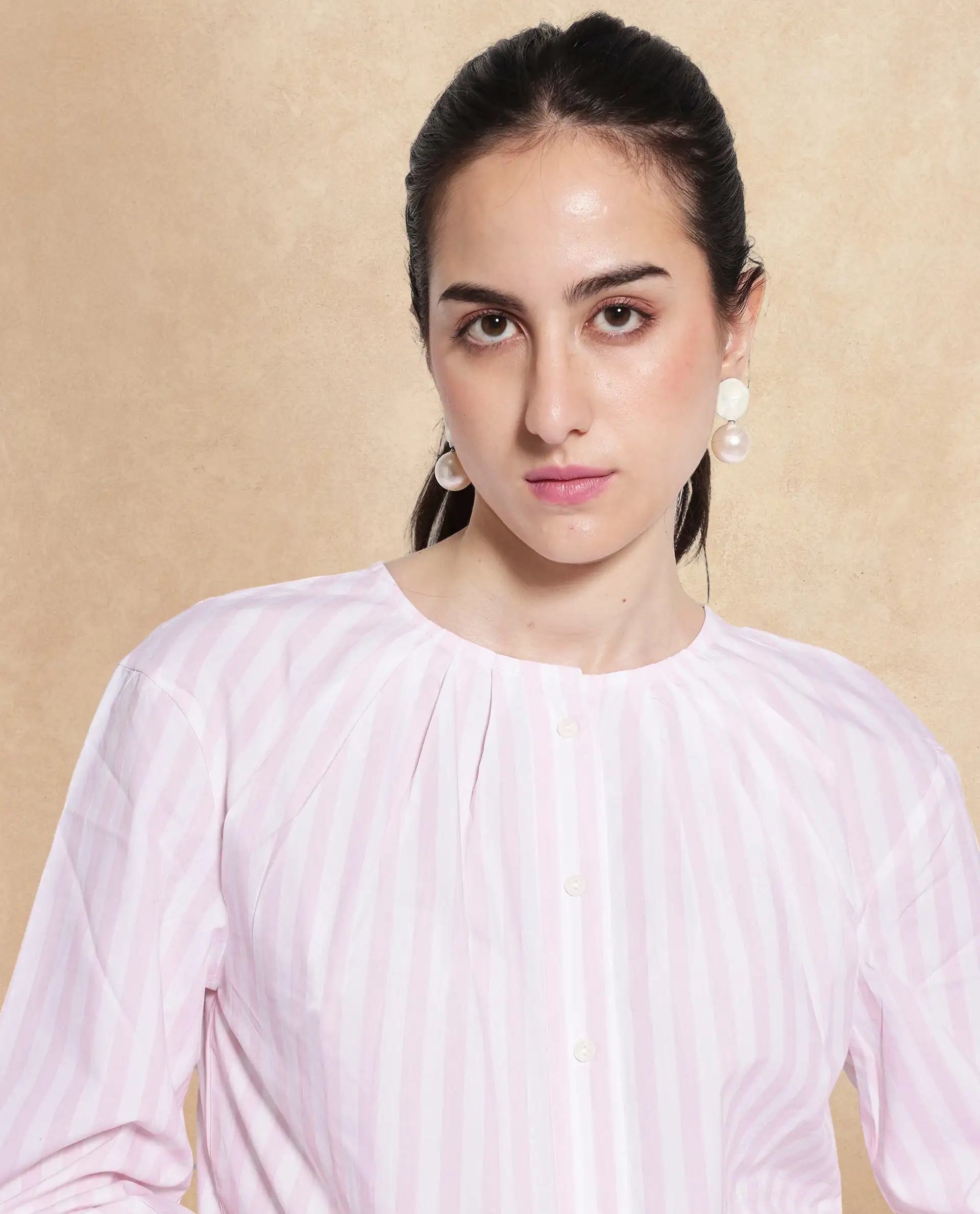 Rareism Women's Jayleon Pink Cotton Crew Neck Striped Cuffed Sleeve Regular Fit Top - Image 2
