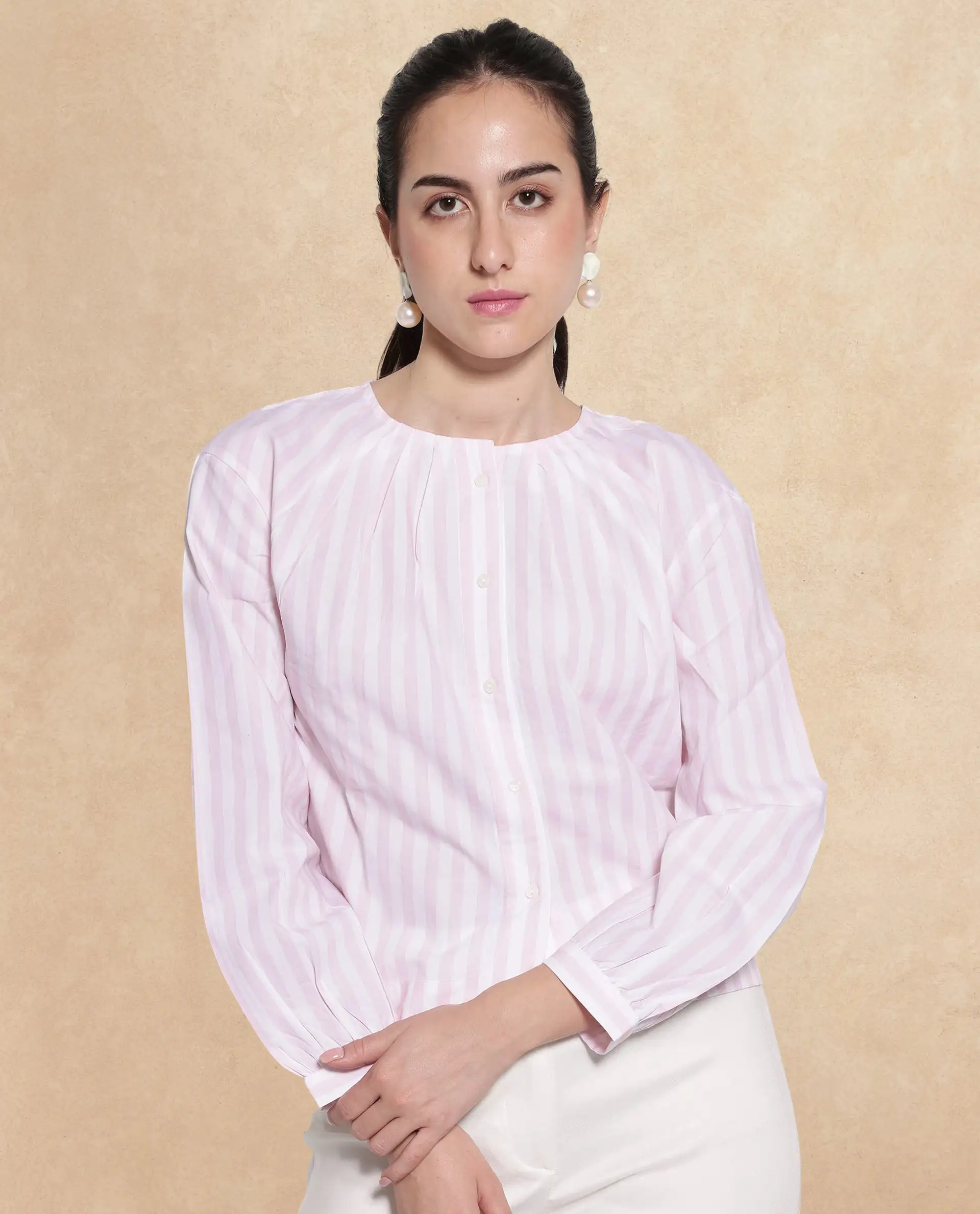 Rareism Women's Jayleon Pink Cotton Crew Neck Striped Cuffed Sleeve Regular Fit Top - Image 3