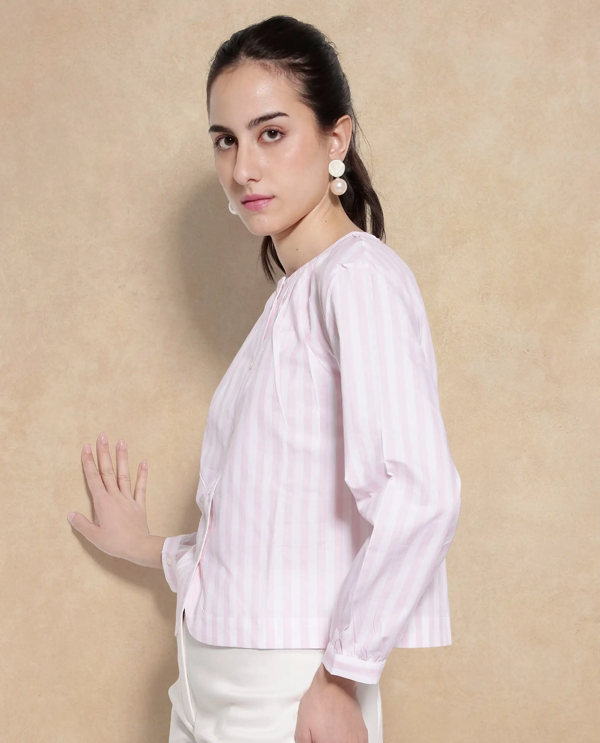 Rareism Women's Jayleon Pink Cotton Crew Neck Striped Cuffed Sleeve Regular Fit Top - Image 4