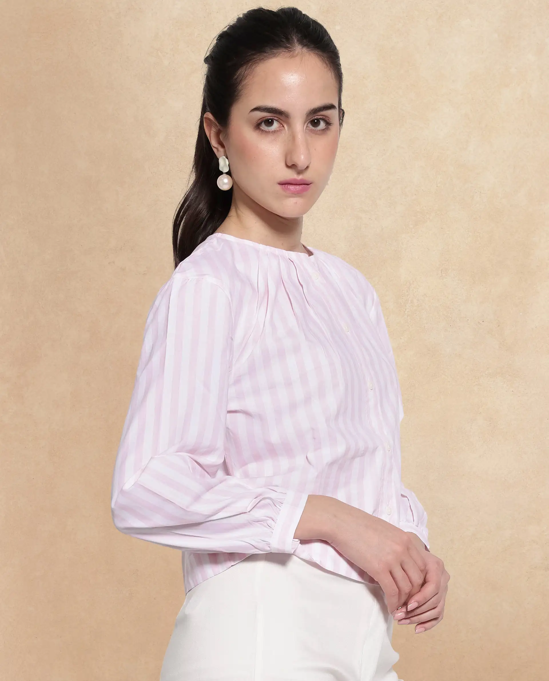 Rareism Women's Jayleon Pink Cotton Crew Neck Striped Cuffed Sleeve Regular Fit Top - Image 5