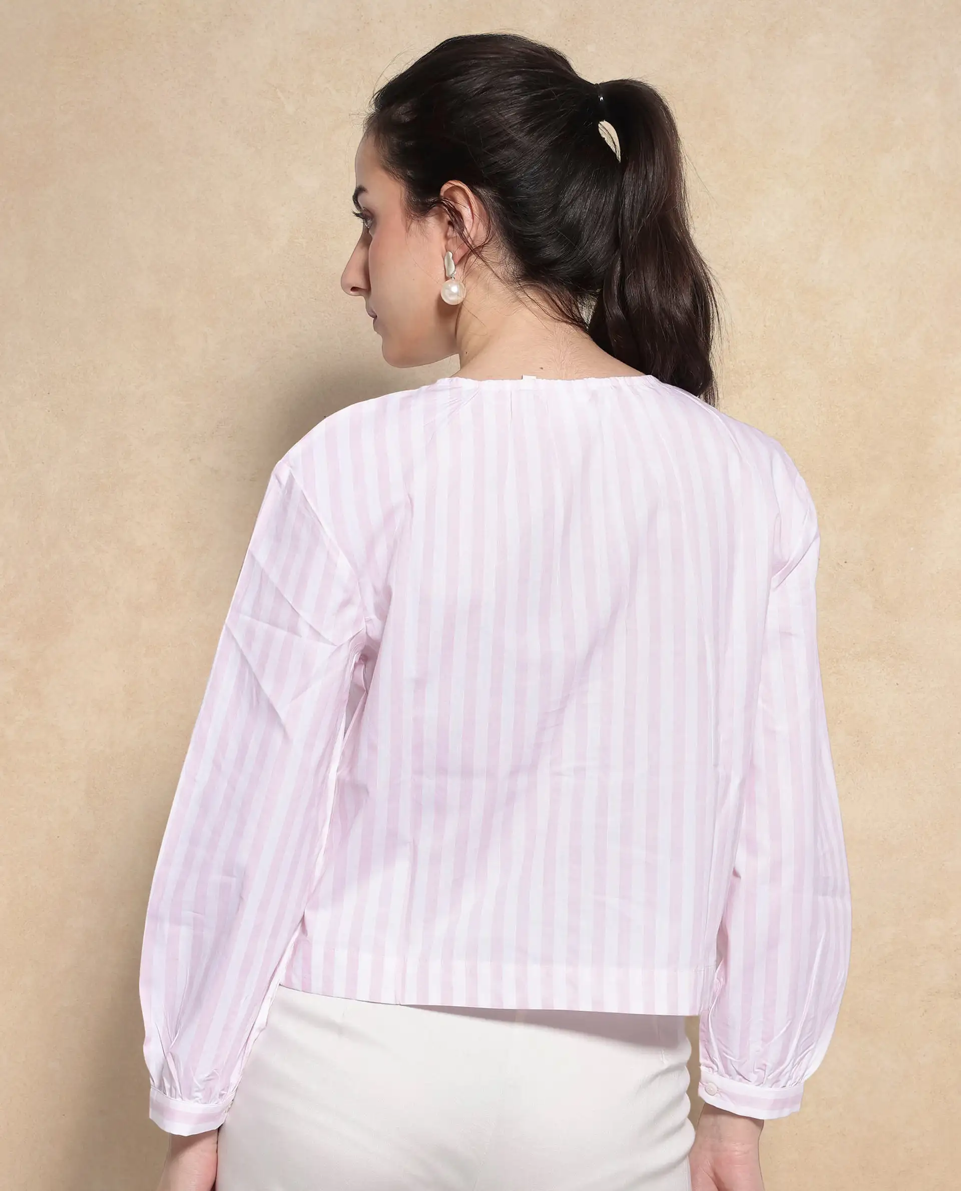 Rareism Women's Jayleon Pink Cotton Crew Neck Striped Cuffed Sleeve Regular Fit Top - Image 7