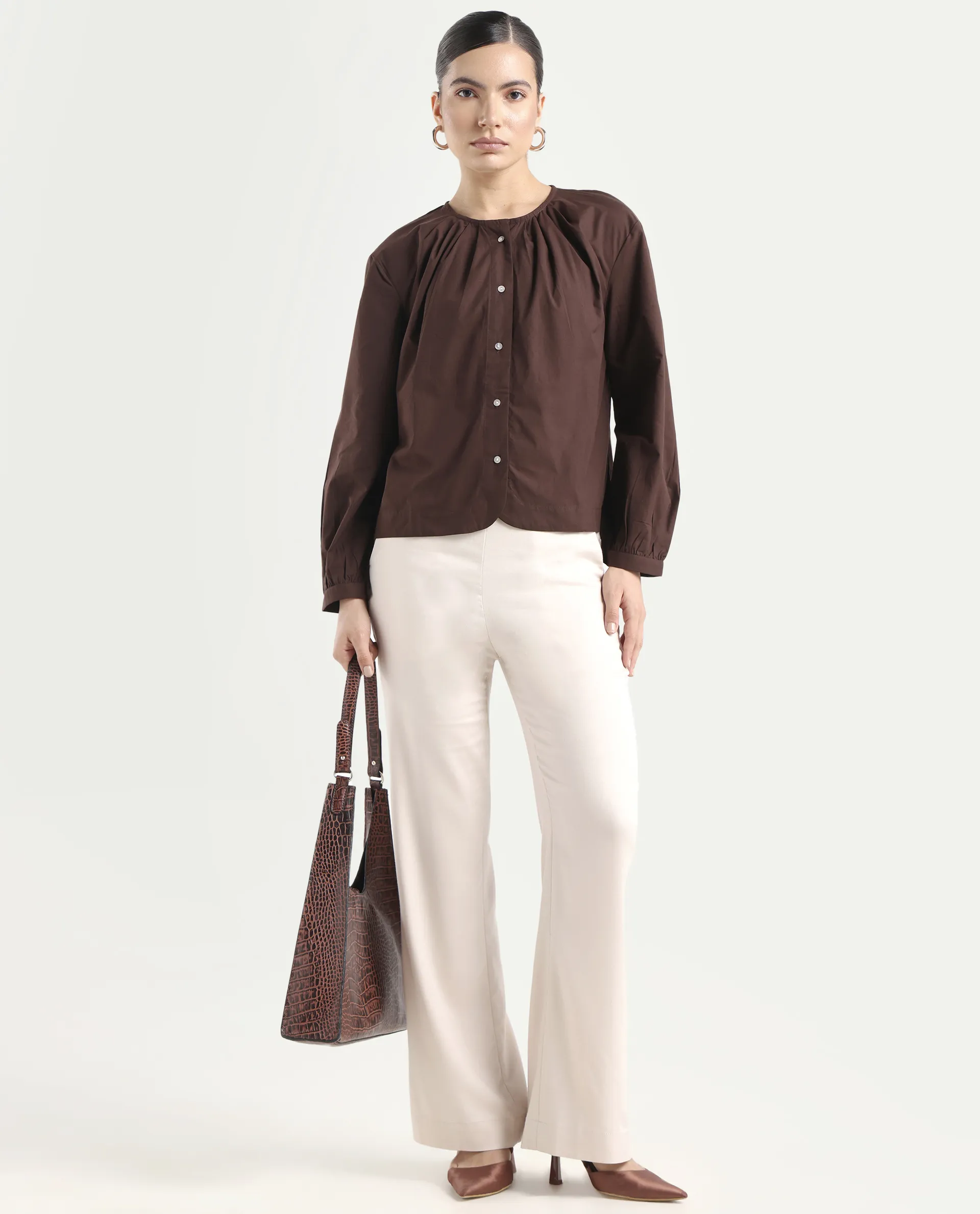 Rareism Women's Jaylo Brown Cotton Crew Neck Plain Cuffed Sleeve Regular Fit Top - Image 2