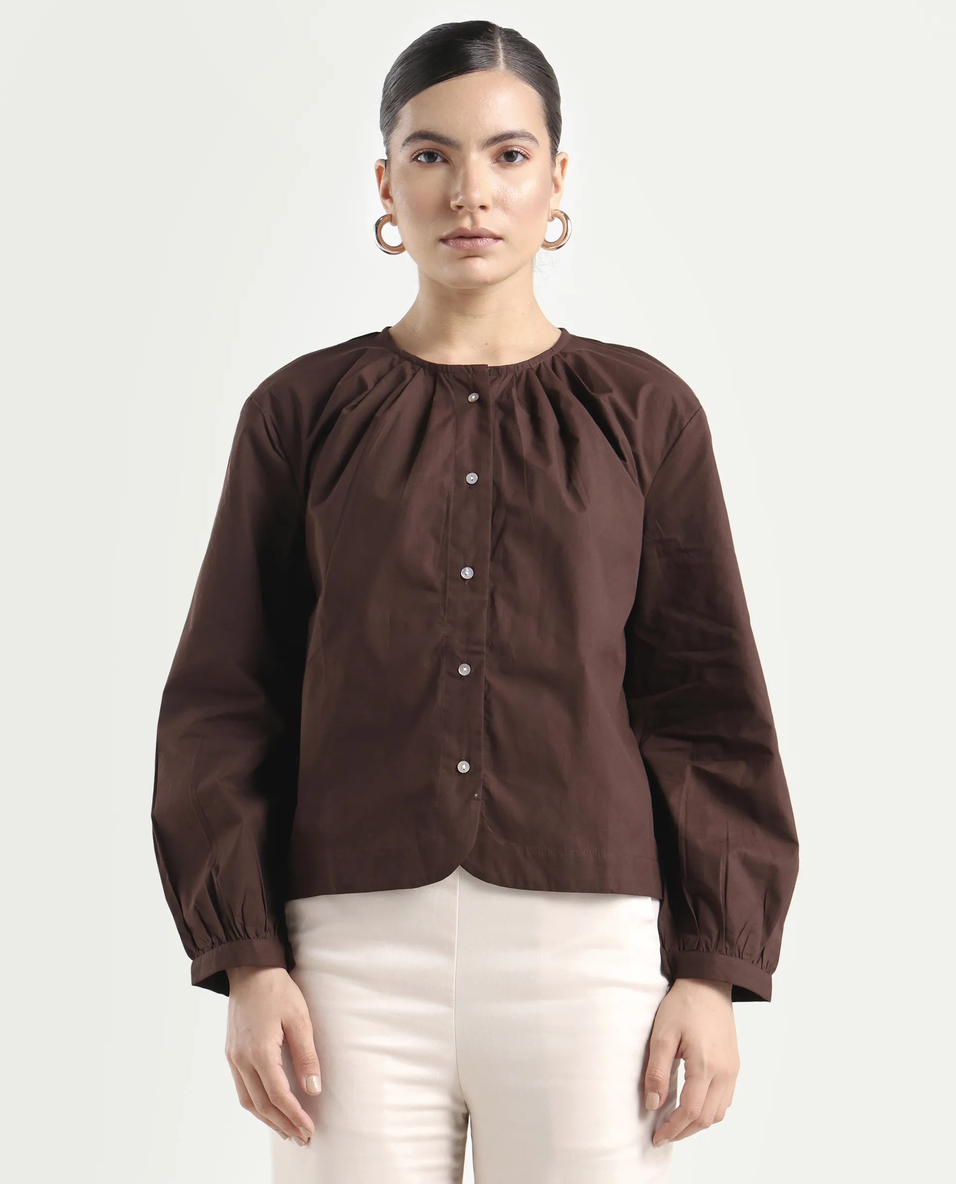 Rareism Women's Jaylo Brown Cotton Crew Neck Plain Cuffed Sleeve Regular Fit Top - Image 3