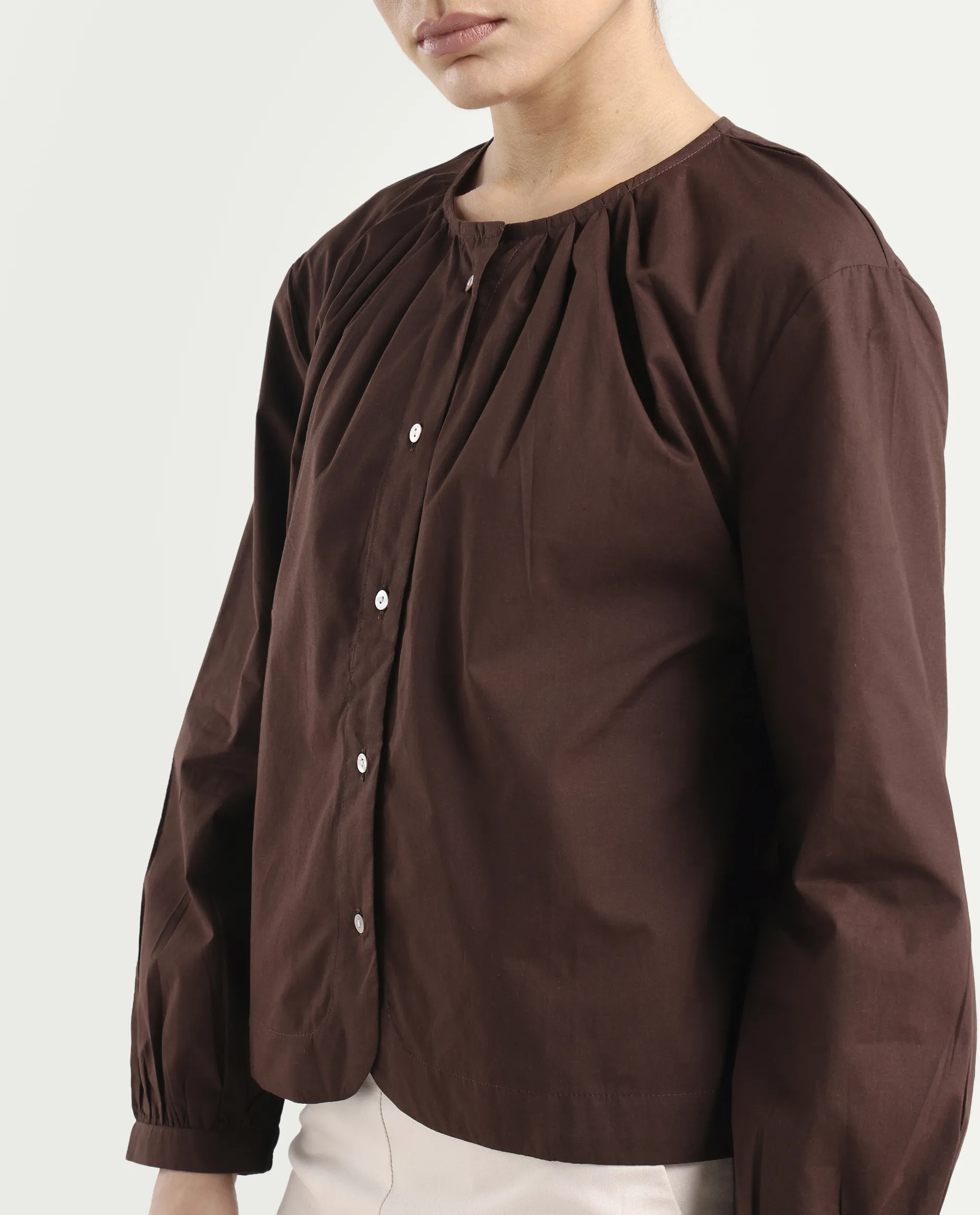 Rareism Women's Jaylo Brown Cotton Crew Neck Plain Cuffed Sleeve Regular Fit Top - Image 4
