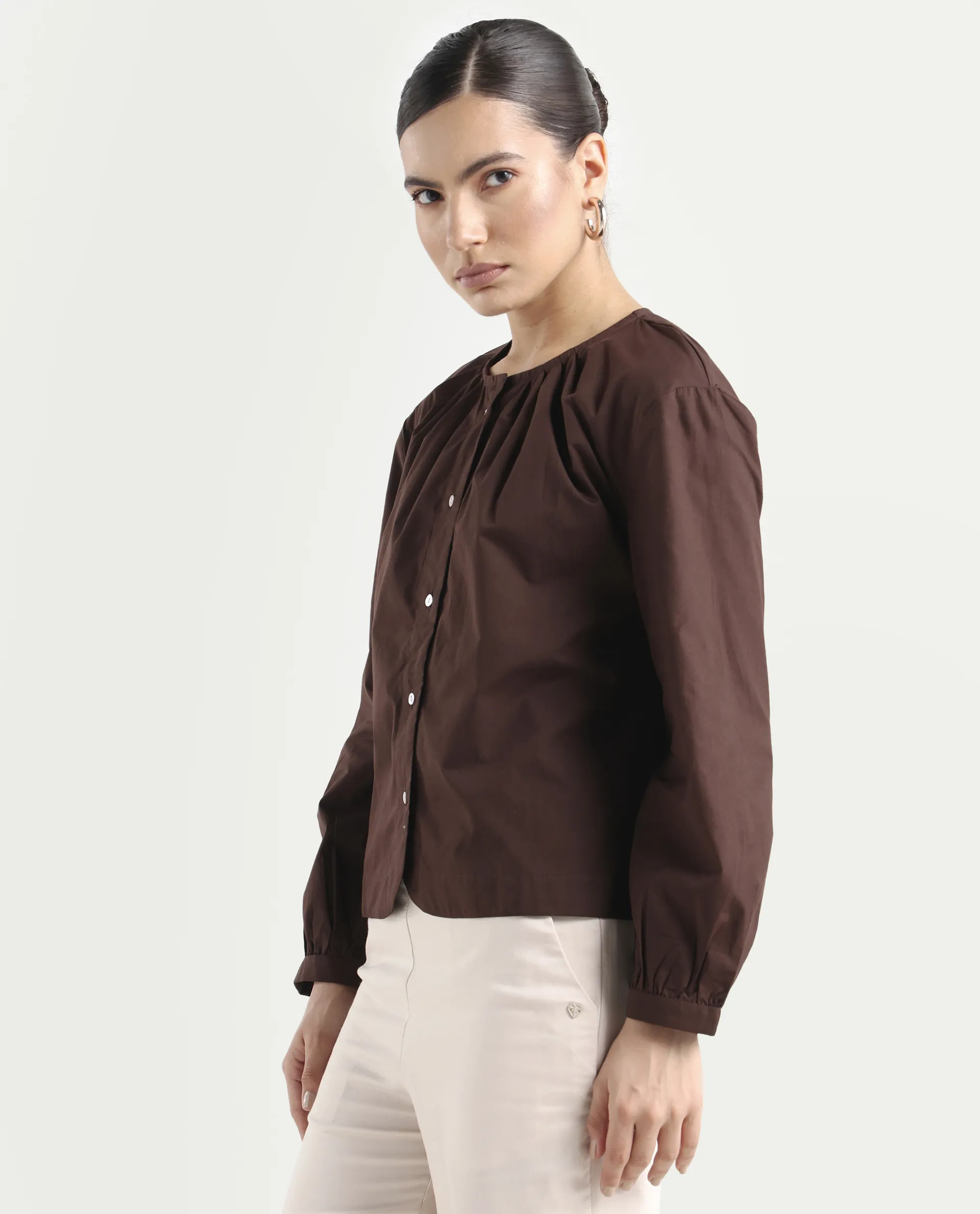 Rareism Women's Jaylo Brown Cotton Crew Neck Plain Cuffed Sleeve Regular Fit Top - Image 5