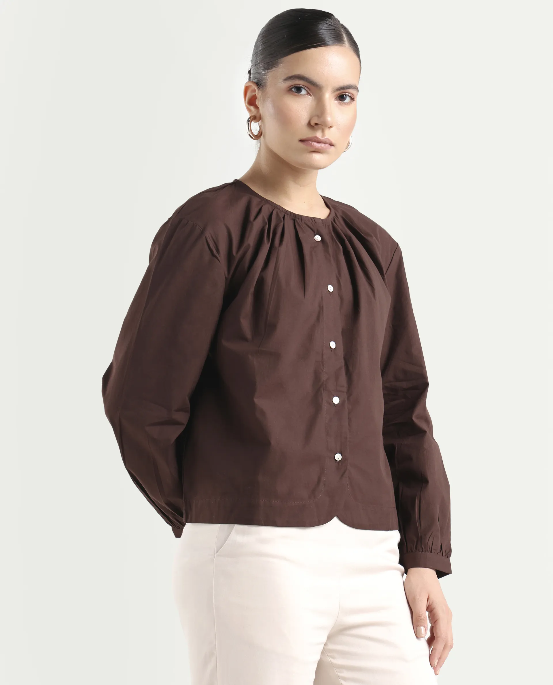 Rareism Women's Jaylo Brown Cotton Crew Neck Plain Cuffed Sleeve Regular Fit Top - Image 6