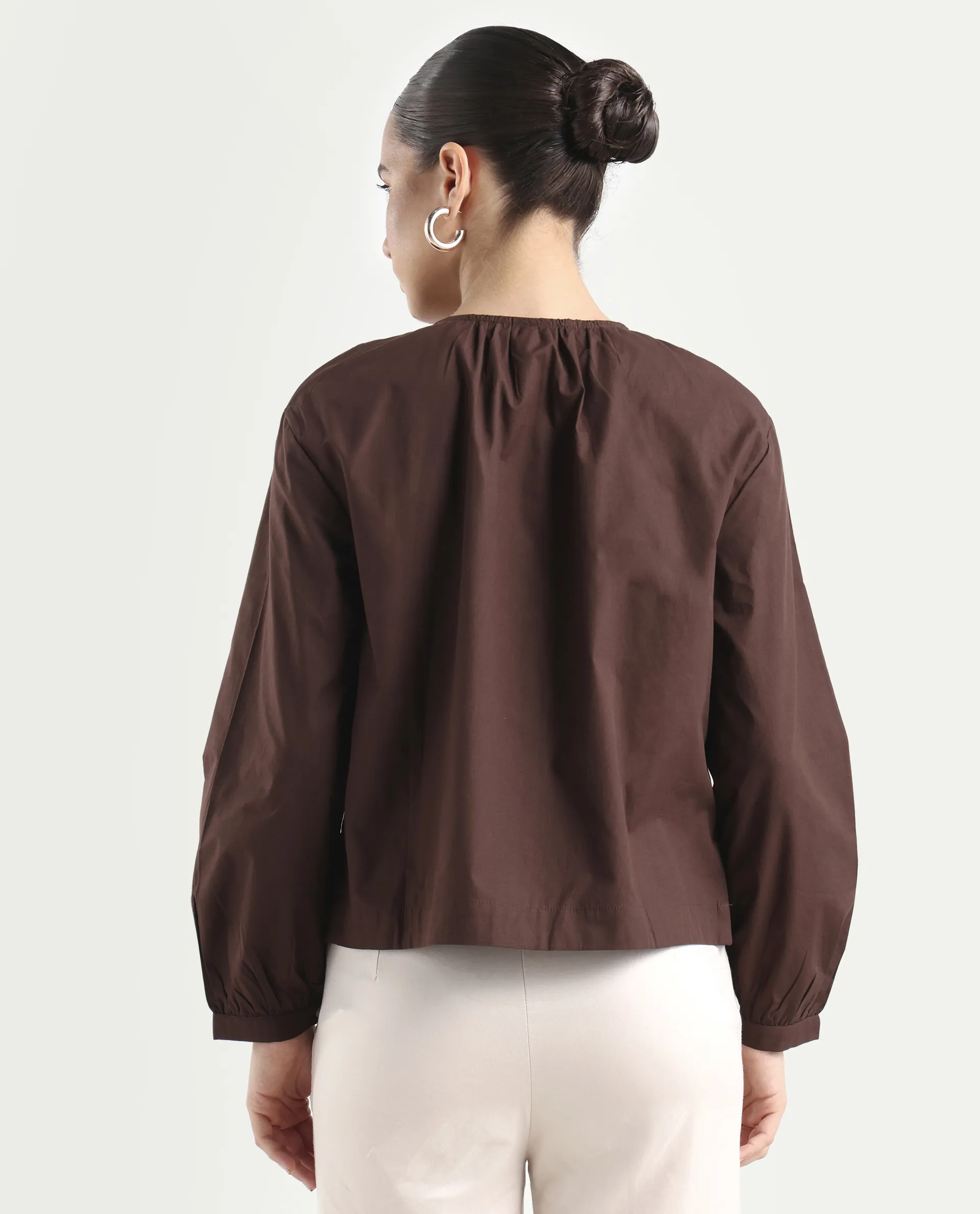 Rareism Women's Jaylo Brown Cotton Crew Neck Plain Cuffed Sleeve Regular Fit Top - Image 7