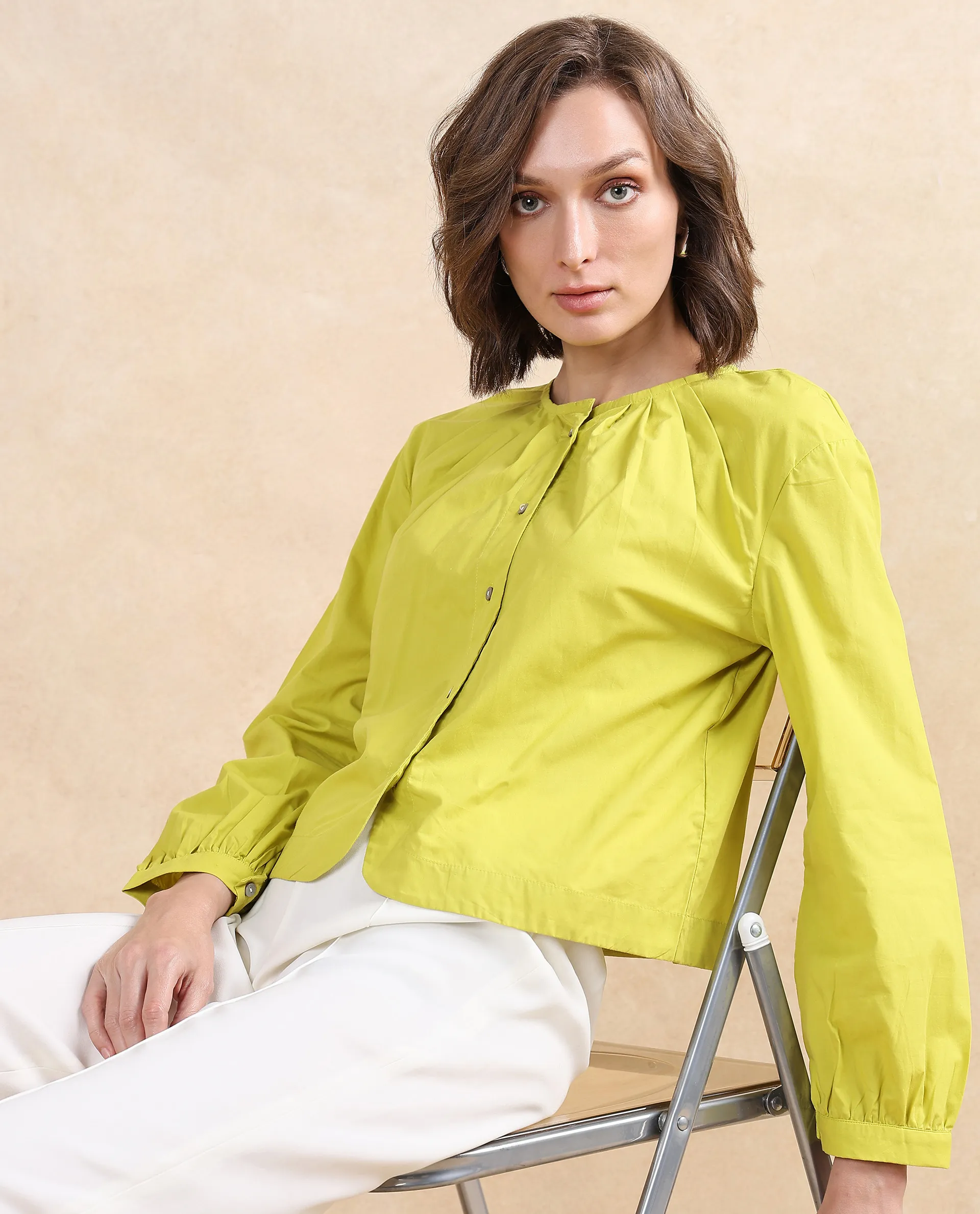 Rareism Women's Jaylo Green Cotton Crew Neck Plain Cuffed Sleeve Regular Fit Top