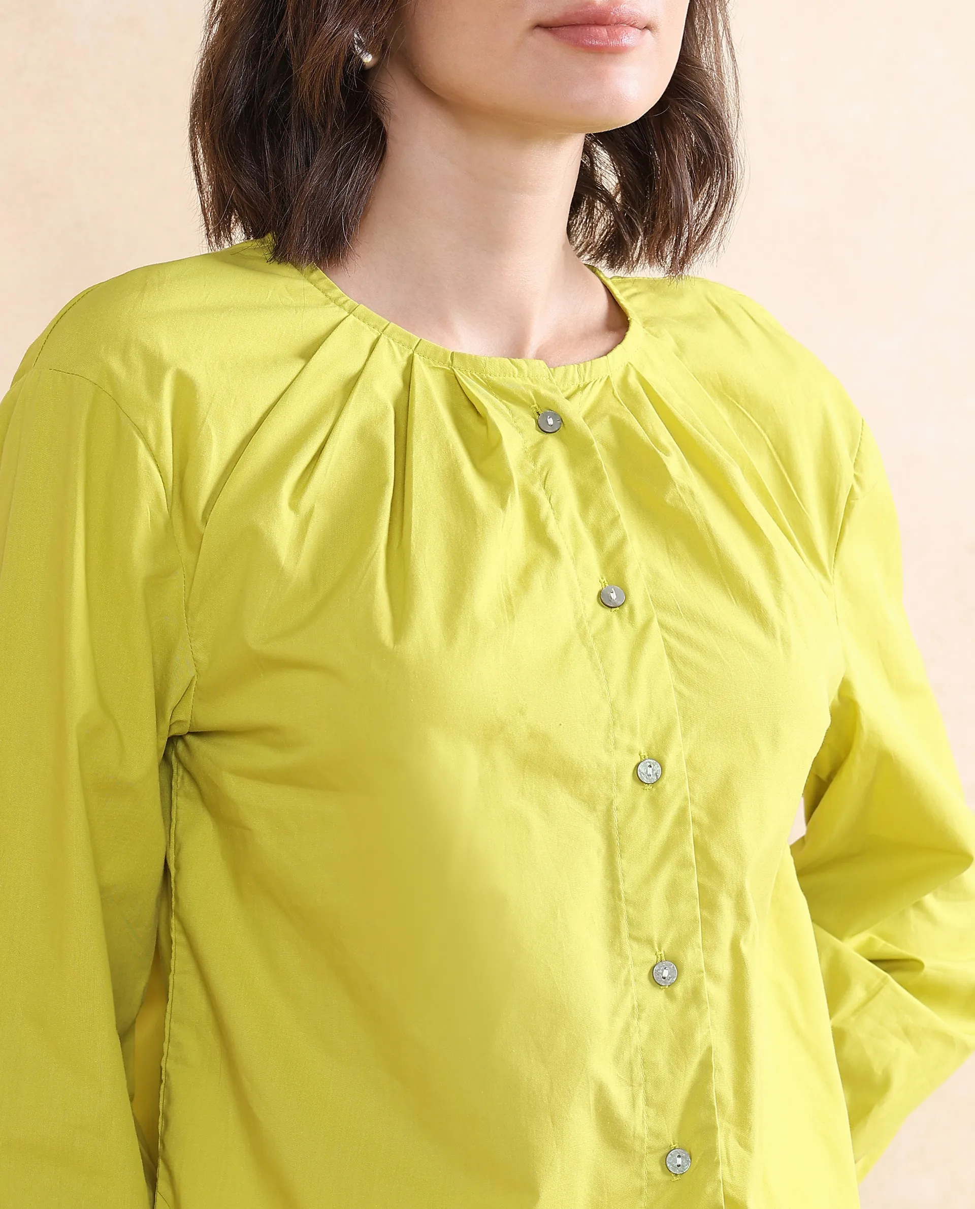 Rareism Women's Jaylo Green Cotton Crew Neck Plain Cuffed Sleeve Regular Fit Top - Image 2
