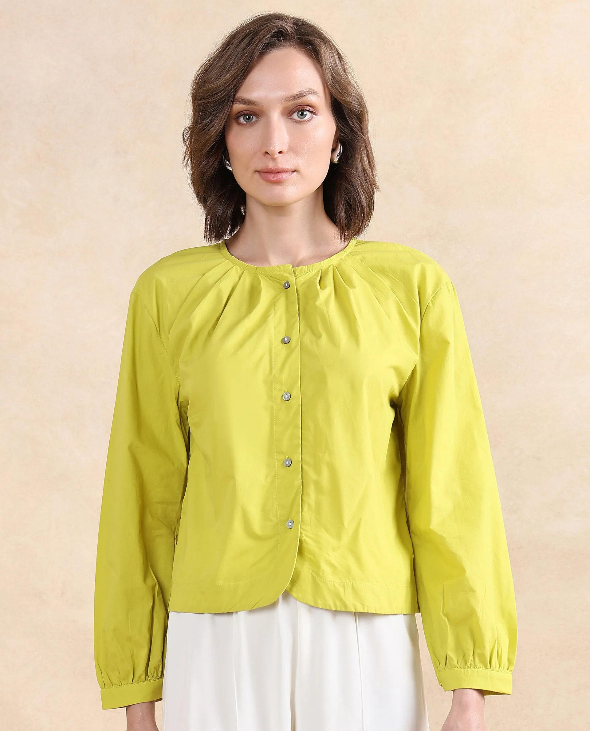 Rareism Women's Jaylo Green Cotton Crew Neck Plain Cuffed Sleeve Regular Fit Top - Image 3
