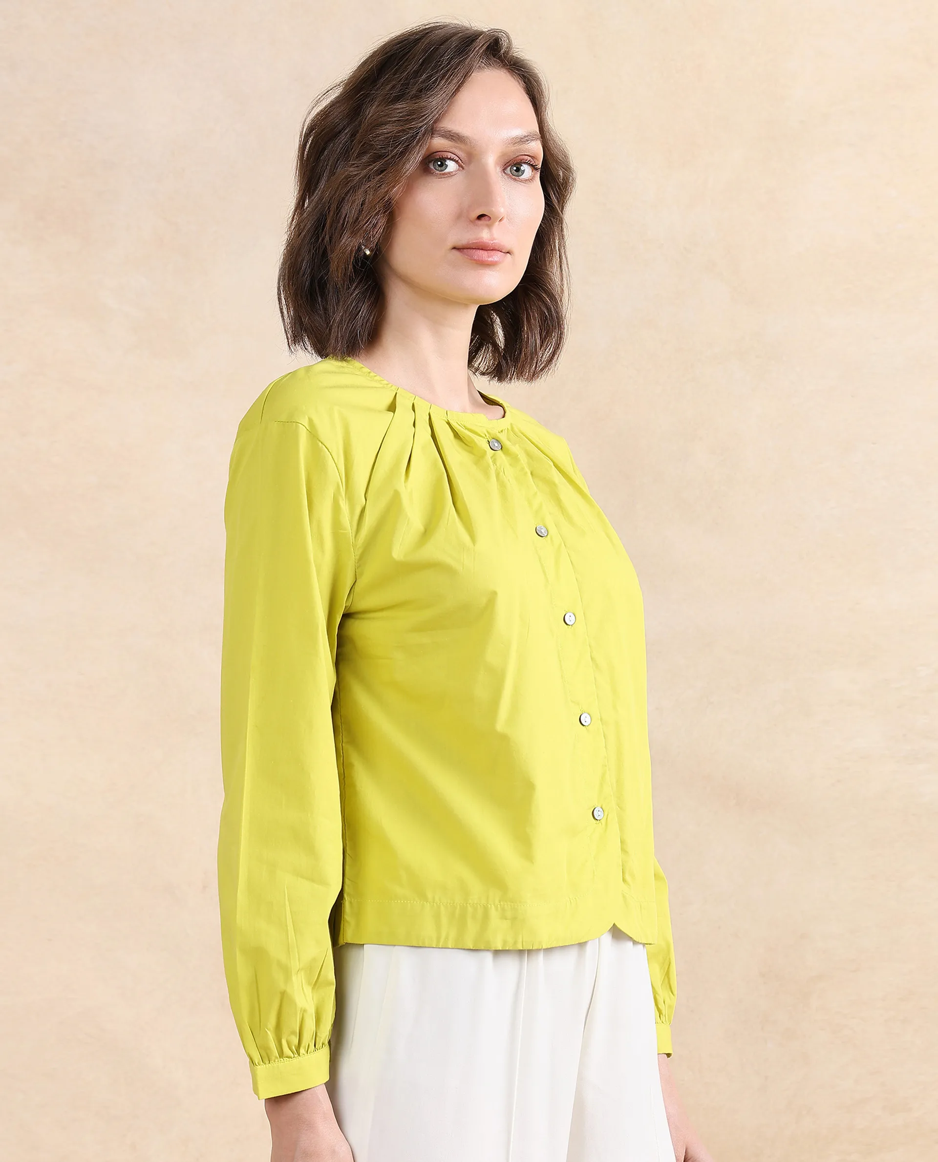 Rareism Women's Jaylo Green Cotton Crew Neck Plain Cuffed Sleeve Regular Fit Top - Image 4