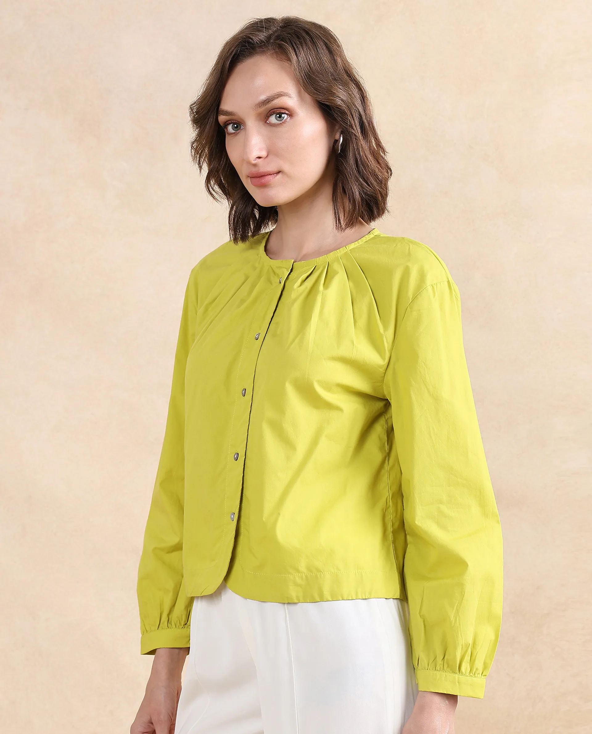 Rareism Women's Jaylo Green Cotton Crew Neck Plain Cuffed Sleeve Regular Fit Top - Image 5