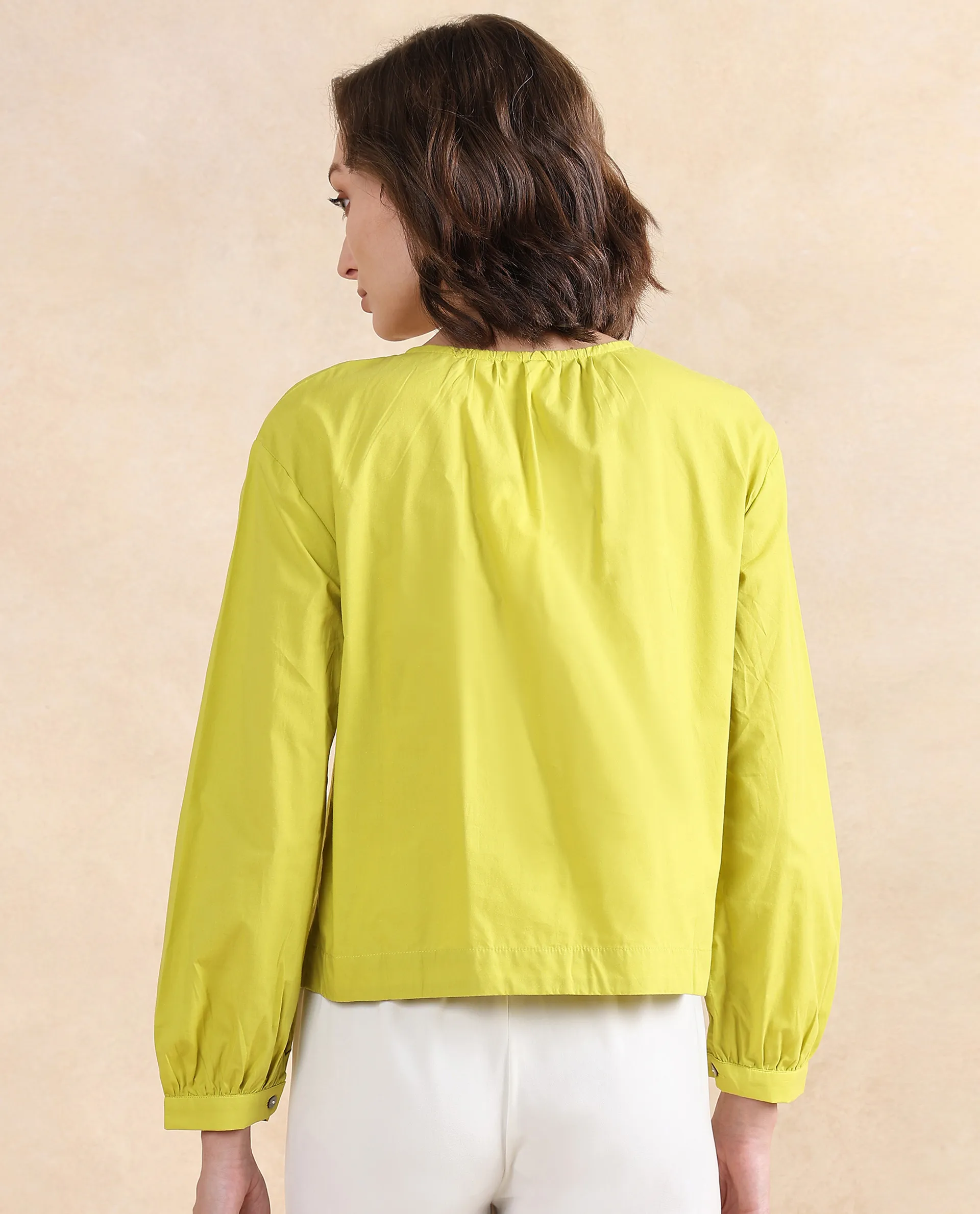 Rareism Women's Jaylo Green Cotton Crew Neck Plain Cuffed Sleeve Regular Fit Top - Image 7