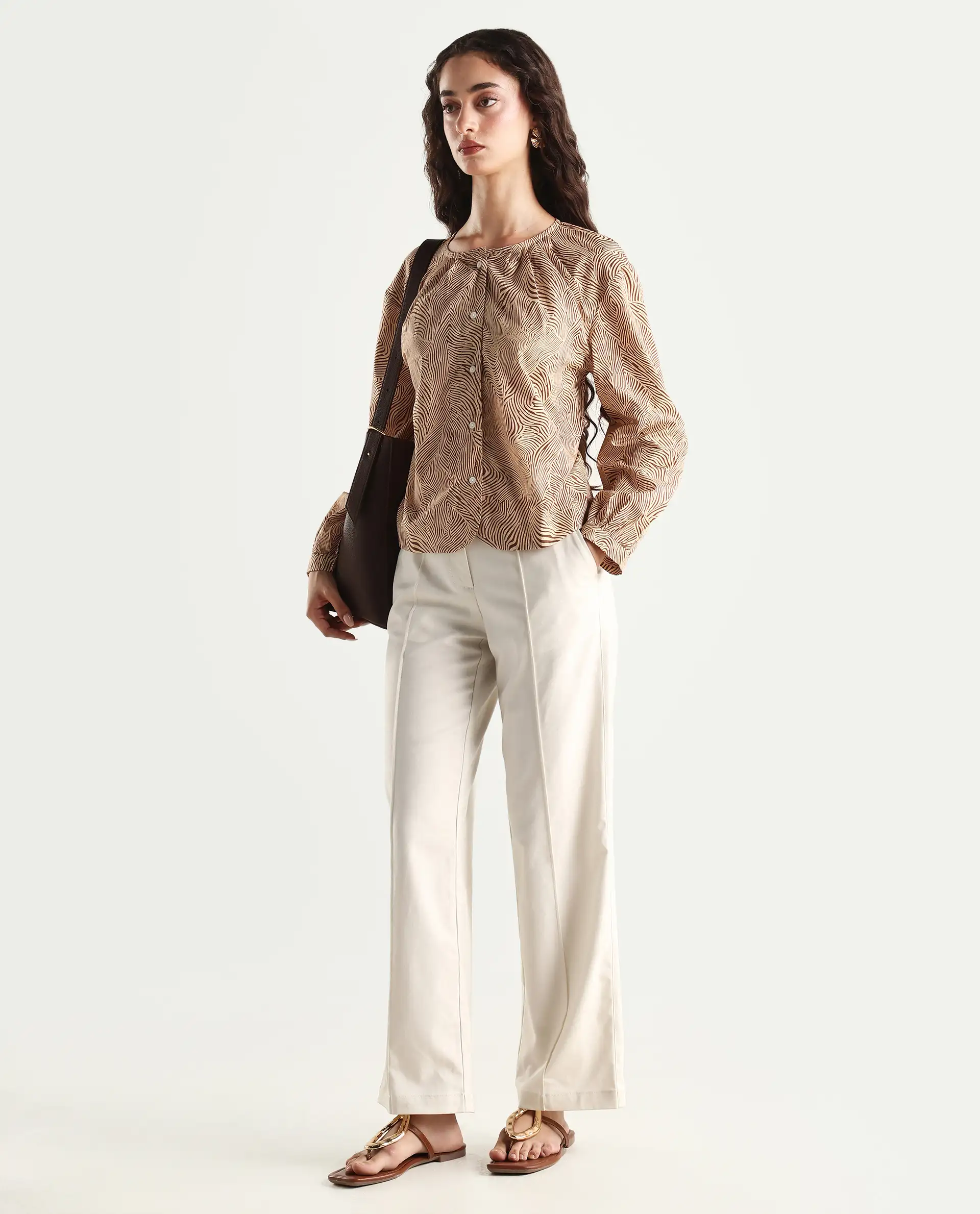 Rareism Women's Jaylone Sc Beige Cotton Crew Neck Geometric Print Cuffed Sleeve Regular Fit Top - Image 2