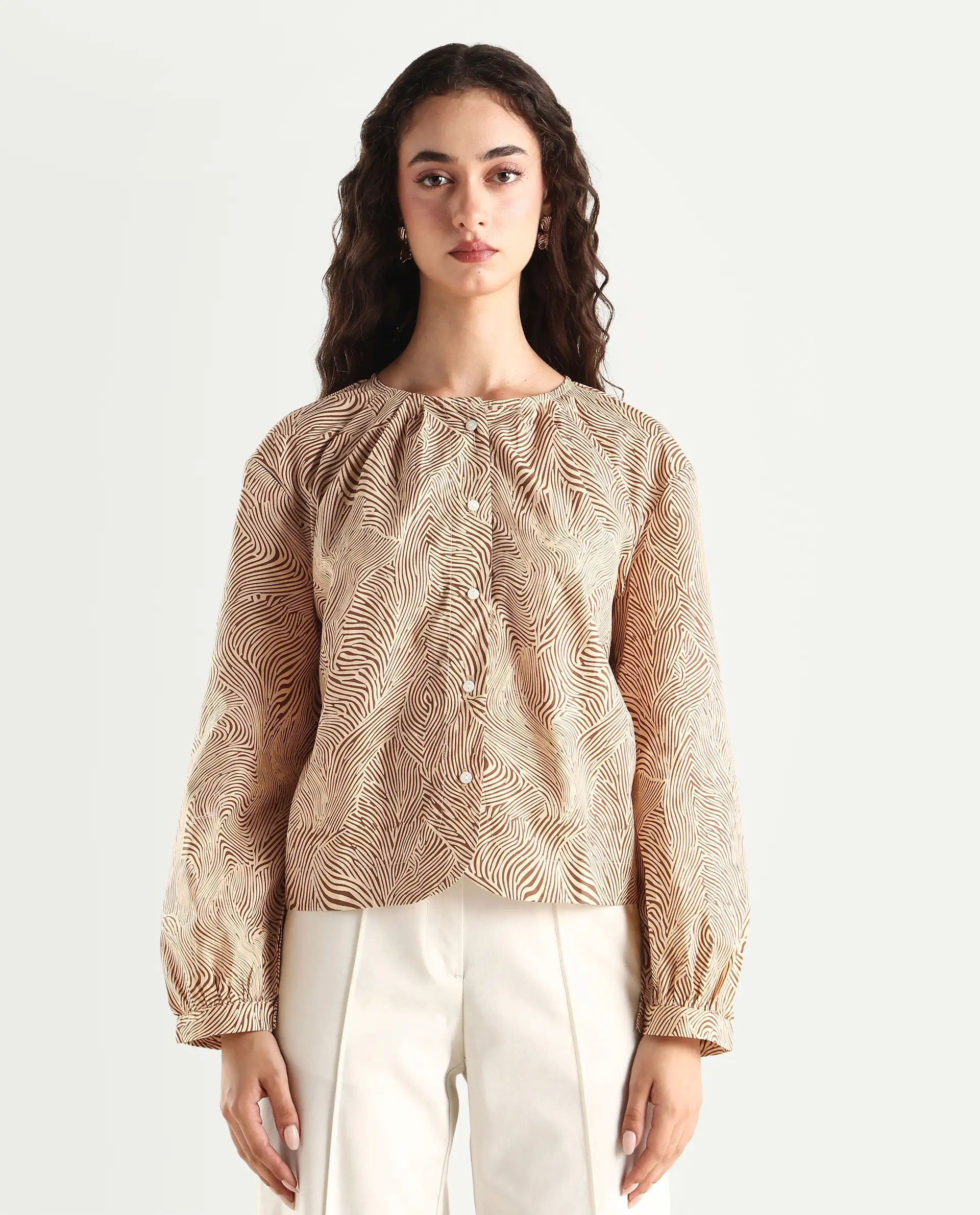 Rareism Women's Jaylone Sc Beige Cotton Crew Neck Geometric Print Cuffed Sleeve Regular Fit Top - Image 3