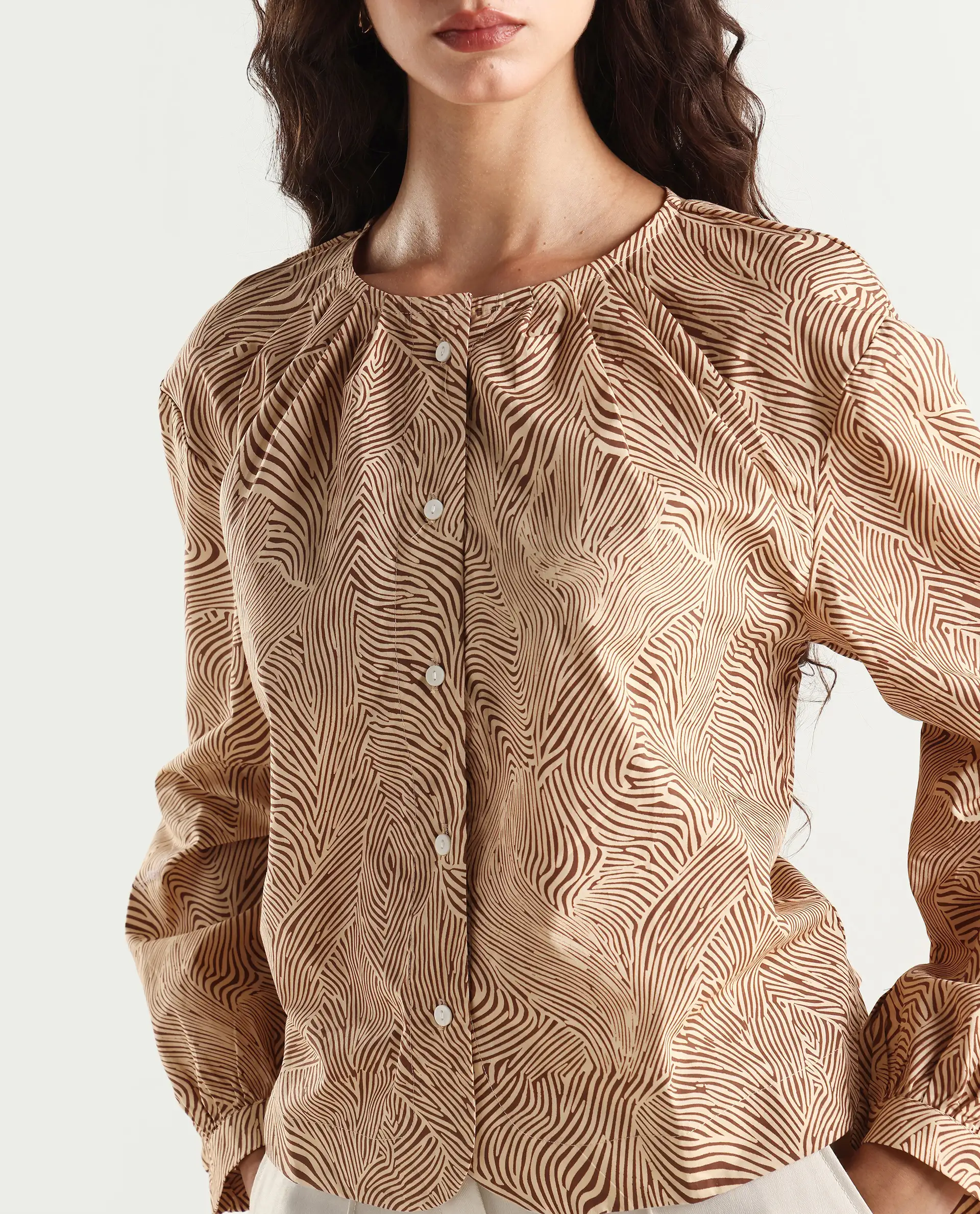 Rareism Women's Jaylone Sc Beige Cotton Crew Neck Geometric Print Cuffed Sleeve Regular Fit Top - Image 4