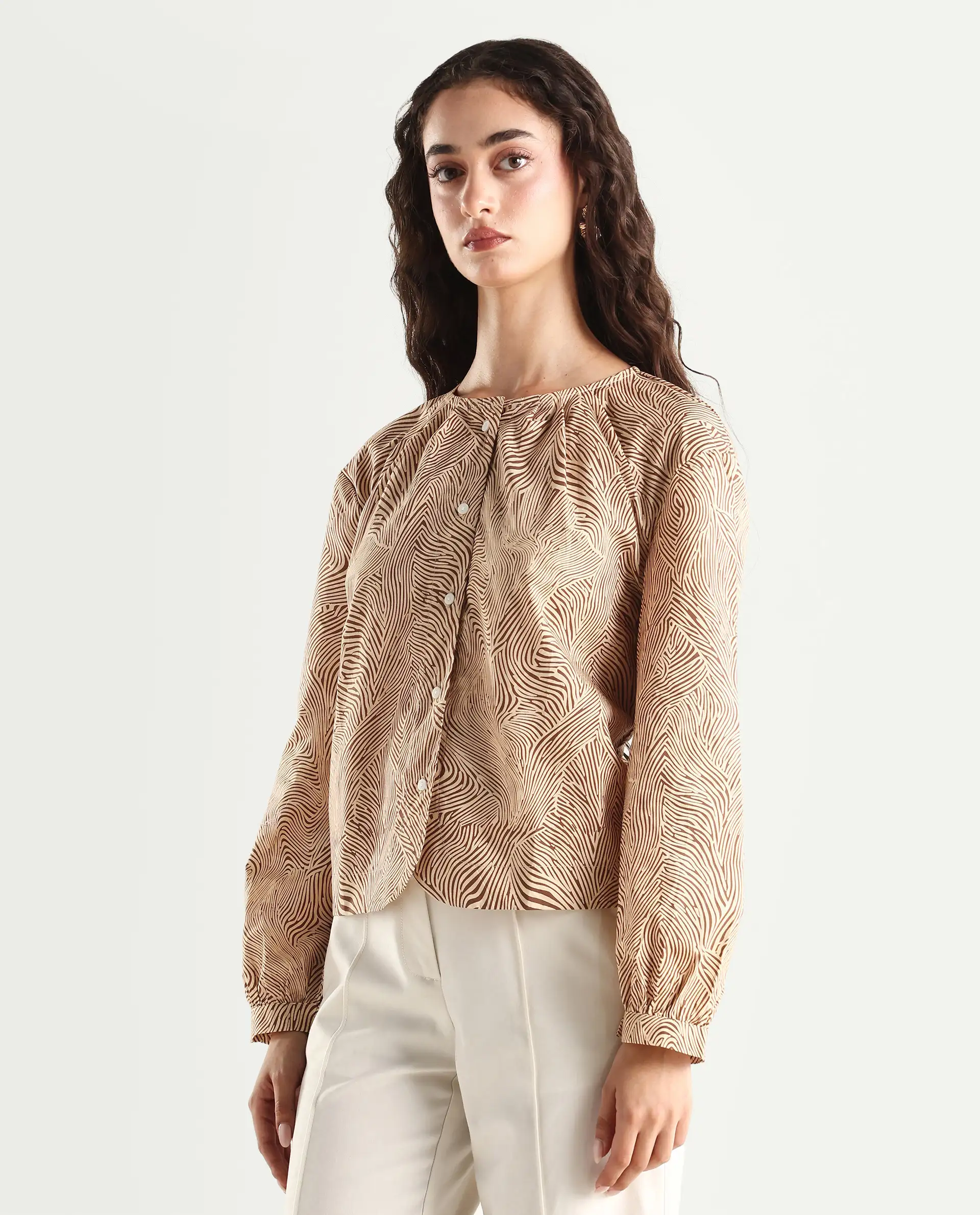 Rareism Women's Jaylone Sc Beige Cotton Crew Neck Geometric Print Cuffed Sleeve Regular Fit Top - Image 6