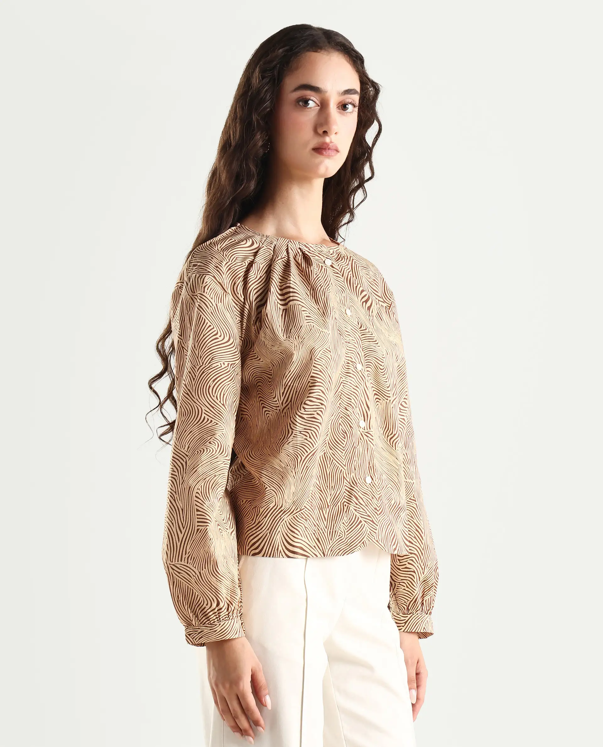 Rareism Women's Jaylone Sc Beige Cotton Crew Neck Geometric Print Cuffed Sleeve Regular Fit Top - Image 7
