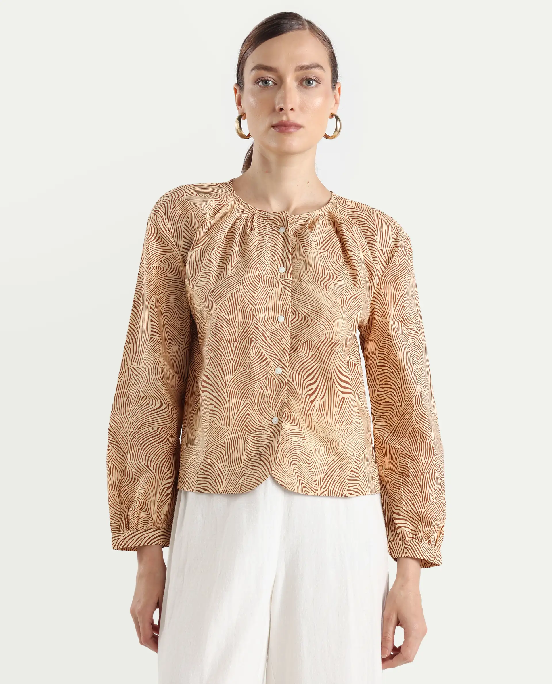 Rareism Women's Jaylone Beige Cotton Crew Neck Geometric Print Cuffed Sleeve Regular Fit Top - Image 3