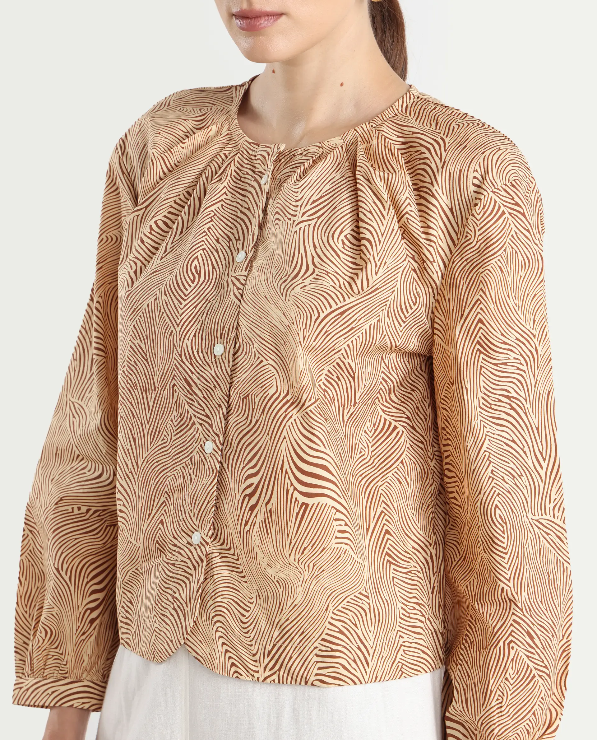 Rareism Women's Jaylone Beige Cotton Crew Neck Geometric Print Cuffed Sleeve Regular Fit Top - Image 5