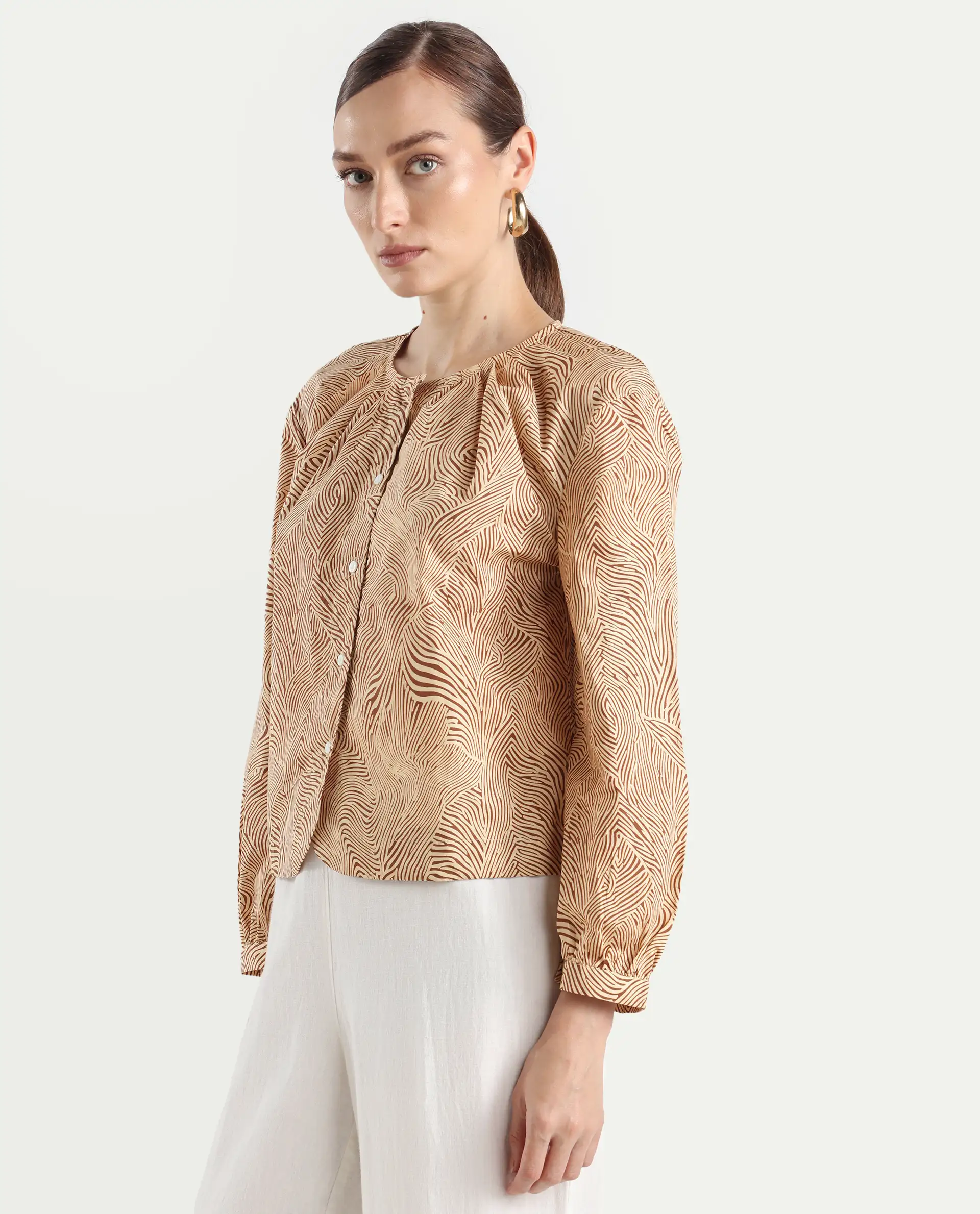 Rareism Women's Jaylone Beige Cotton Crew Neck Geometric Print Cuffed Sleeve Regular Fit Top - Image 6