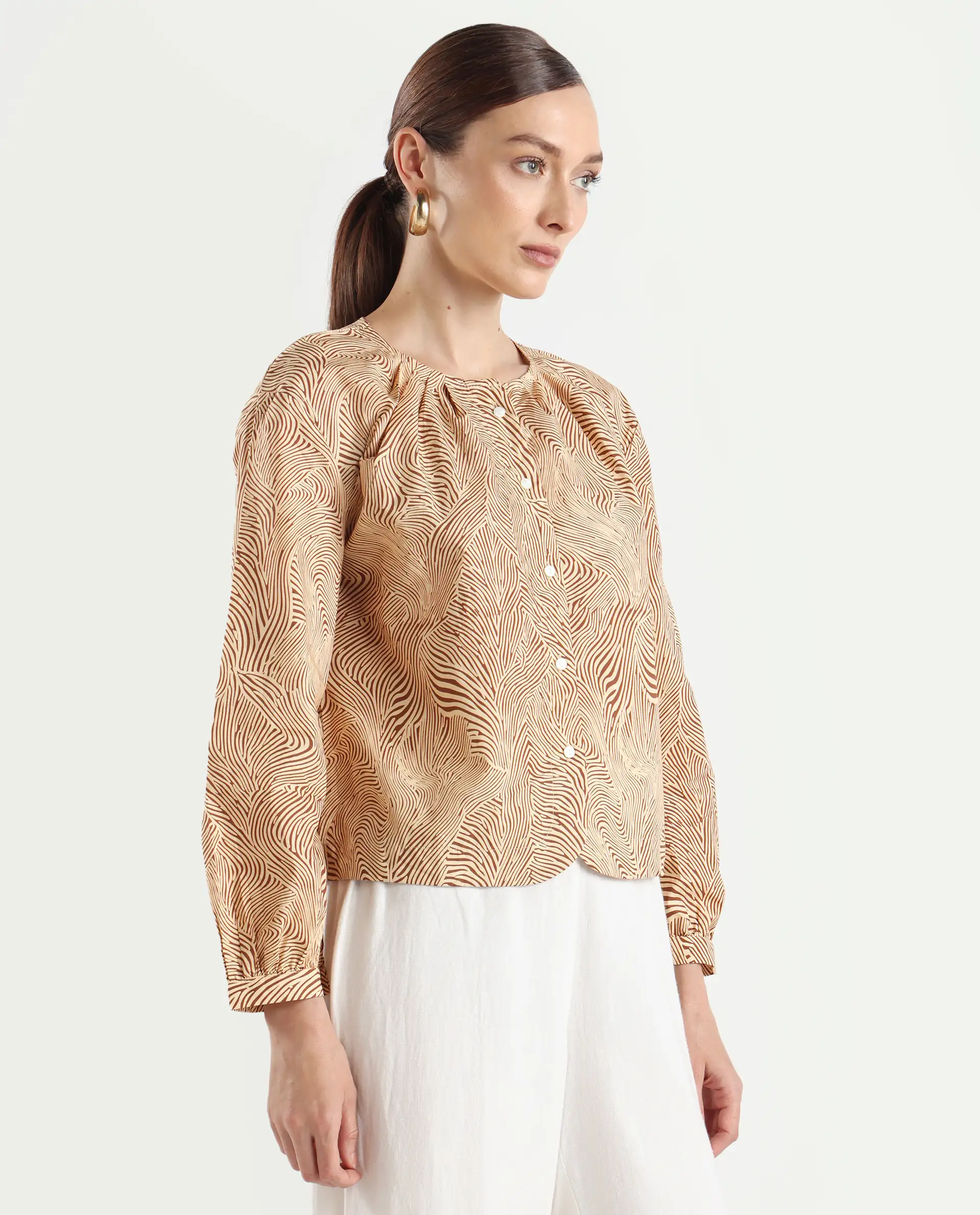 Rareism Women's Jaylone Beige Cotton Crew Neck Geometric Print Cuffed Sleeve Regular Fit Top - Image 7