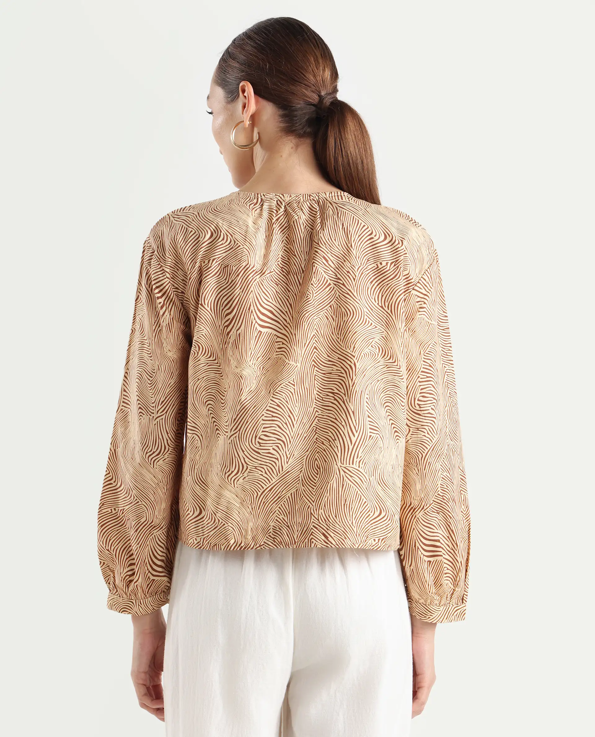 Rareism Women's Jaylone Beige Cotton Crew Neck Geometric Print Cuffed Sleeve Regular Fit Top - Image 8