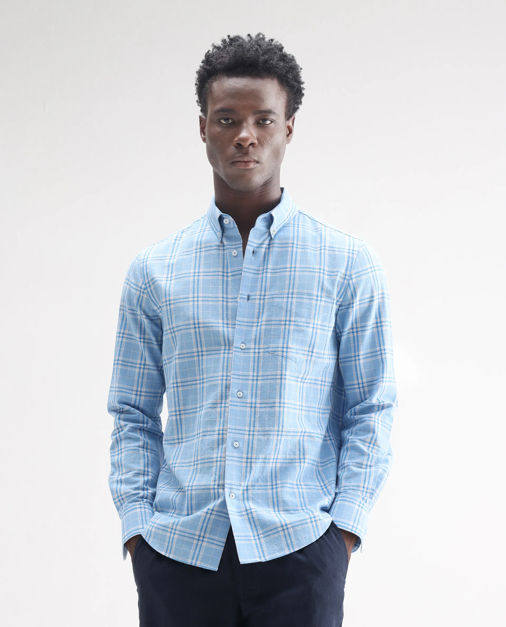 Rare Rabbit Men's Jaze Blue 100% Linen Checked Print Regular Fit Full Sleeve Collared Shirt