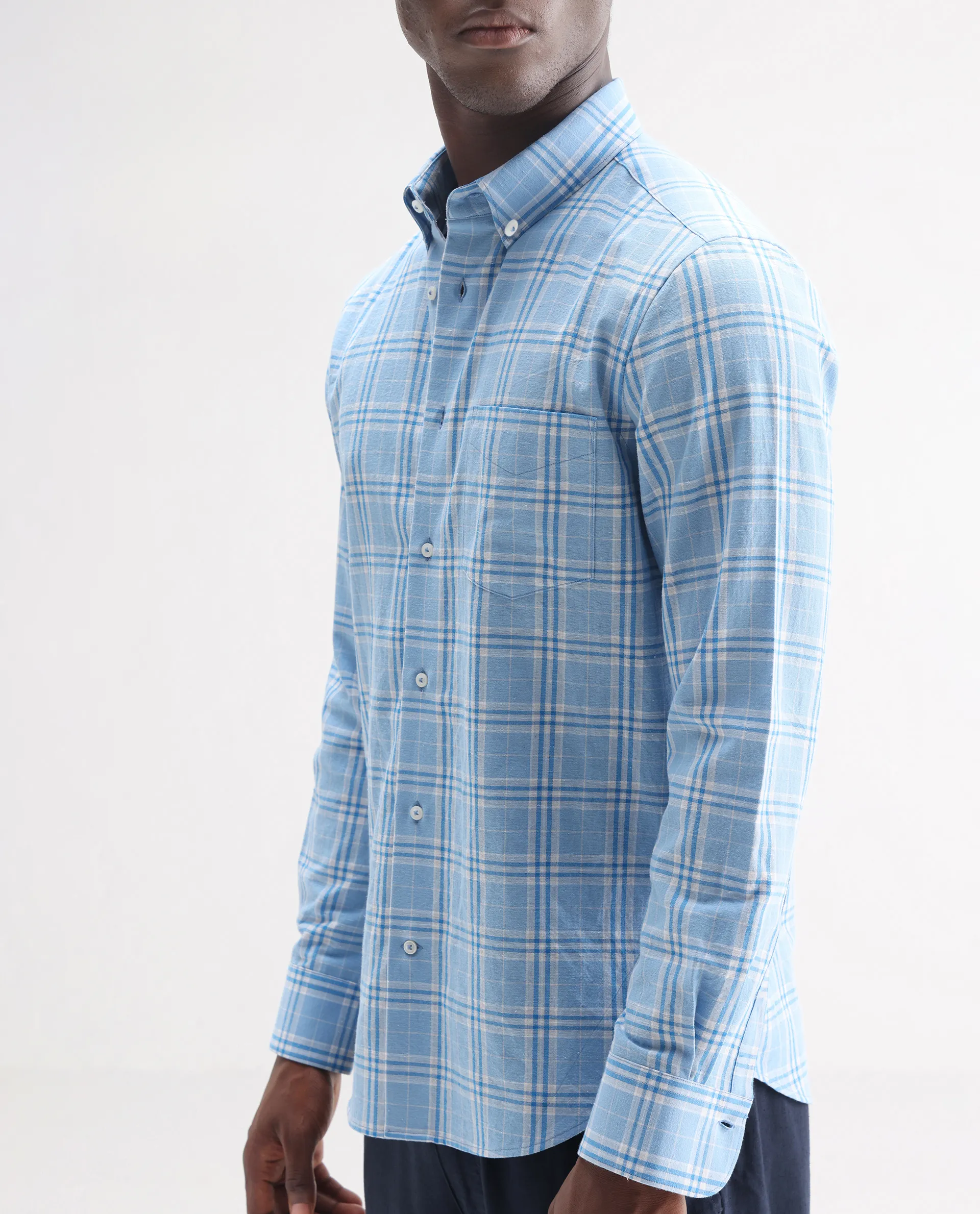 Rare Rabbit Men's Jaze Blue 100% Linen Checked Print Regular Fit Full Sleeve Collared Shirt - Image 3