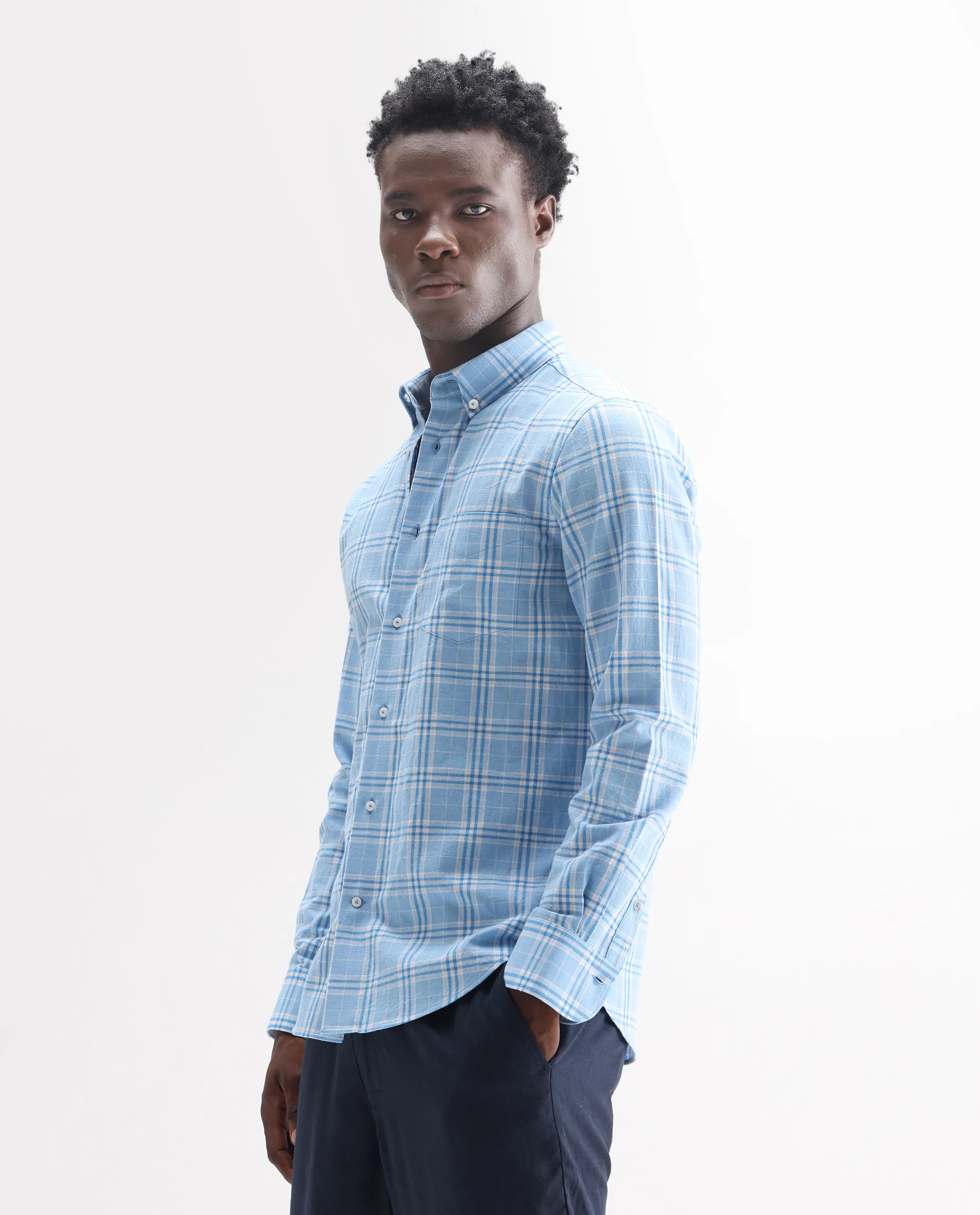 Rare Rabbit Men's Jaze Blue 100% Linen Checked Print Regular Fit Full Sleeve Collared Shirt - Image 4