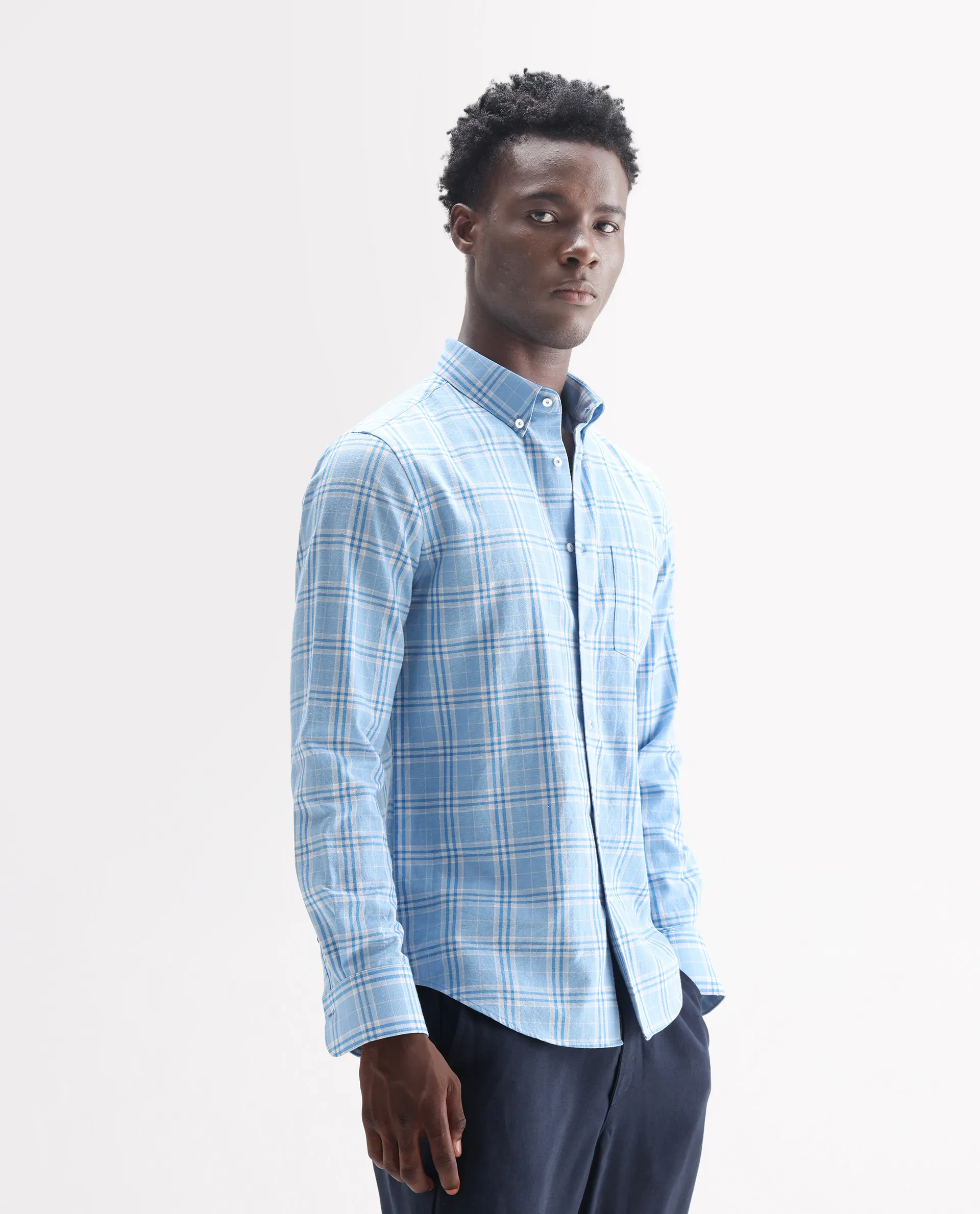 Rare Rabbit Men's Jaze Blue 100% Linen Checked Print Regular Fit Full Sleeve Collared Shirt - Image 5